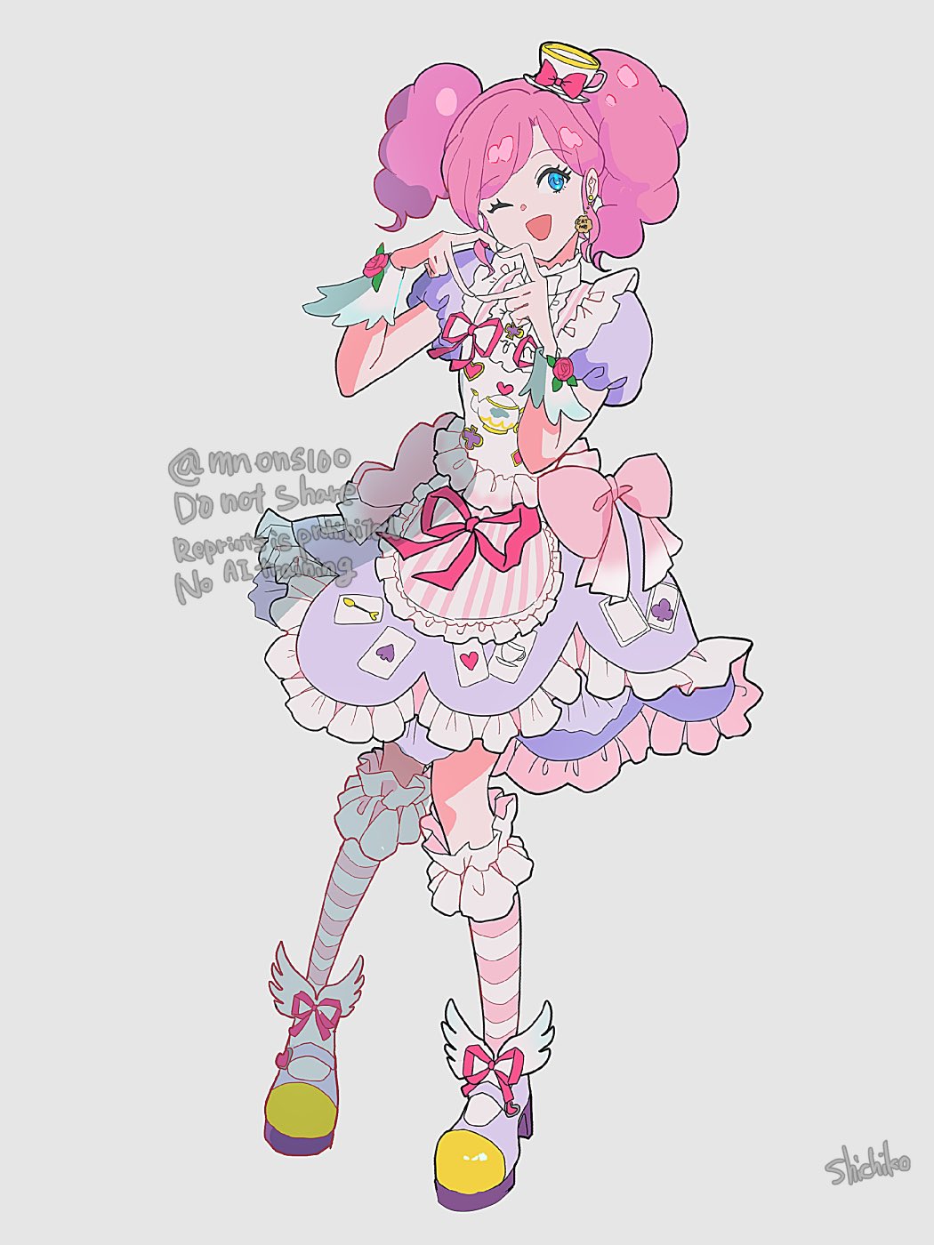 shichiko (kerori), amahane madoka, aikatsu!, aikatsu! (series), commentary request, highres, 1girl, ;d, blue eyes, club (shape), cup, diamond (shape), dress, flower, frilled dress, frills, full body, grey background, hands up, heart, heart hands, long hair, looking at viewer, one eye closed, open mouth, pink flower, pink hair, pink ribbon, pink rose, pocket watch, print dress, puffy short sleeves, puffy sleeves, purple dress, ribbon, rose, shoes, short sleeves, smile, socks, solo, spade (shape), standing, striped clothes, striped socks, teacup, teapot, twintails, watch, wrist cuffs