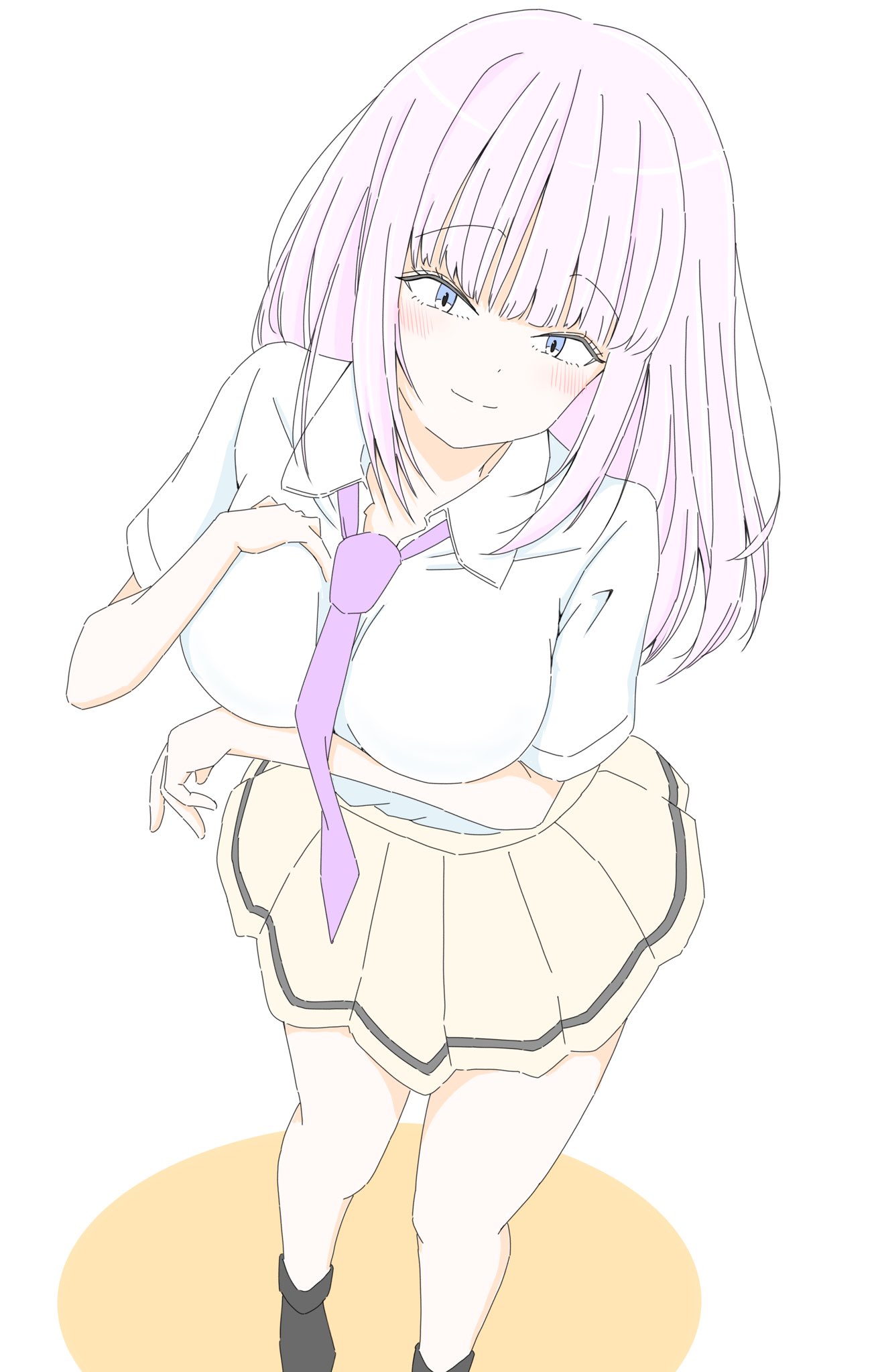 azuminonomizua, katou asuka, watashi ga motenai no wa dou kangaetemo omaera ga warui!, highres, 1girl, blunt bangs, blush, breasts, collared shirt, hair between eyes, large breasts, long hair, looking at viewer, necktie, pink hair, purple necktie, school uniform, shirt, skirt, smile, solo, yellow skirt