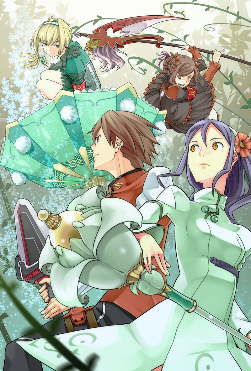 nazo kichi, l'arc bright lagoon, poorya, ruunya, ryfia, arc rise fantasia, blonde hair, brown hair, flower, green eyes, hair ornament, hairband, purple hair, scythe, umbrella, weapon, yellow eyes