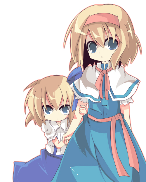 kita (caramel), kita (pixiv), kita senju, alice margatroid, alice margatroid (pc-98), mystic square, touhou, touhou (pc-98), bad id, bad pixiv id, 2girls, blonde hair, blue eyes, female focus, multiple girls, time paradox
