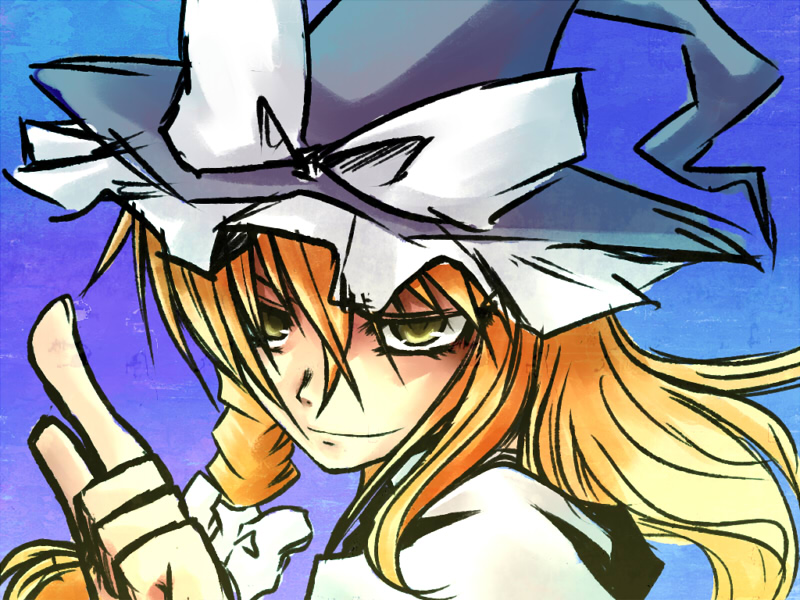 kuon846, kuon yashiro, kirisame marisa, touhou, bad id, bad pixiv id, 1girl, blonde hair, braid, female focus, hat, short hair, solo, witch, witch hat, yellow eyes