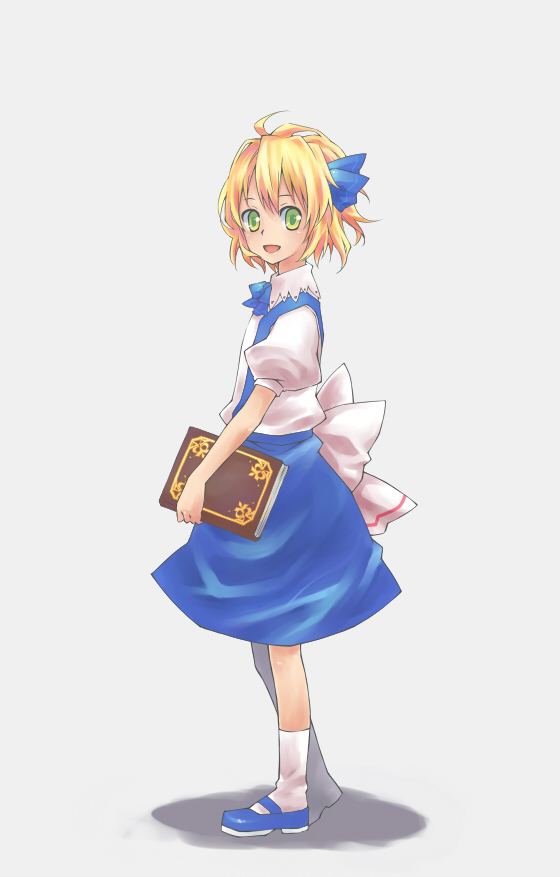 akatsuki (pixiv), alice margatroid, alice margatroid (pc-98), mystic square, touhou, touhou (pc-98), bad id, bad pixiv id, inactive account, 1girl, blonde hair, book, female focus, smile, solo