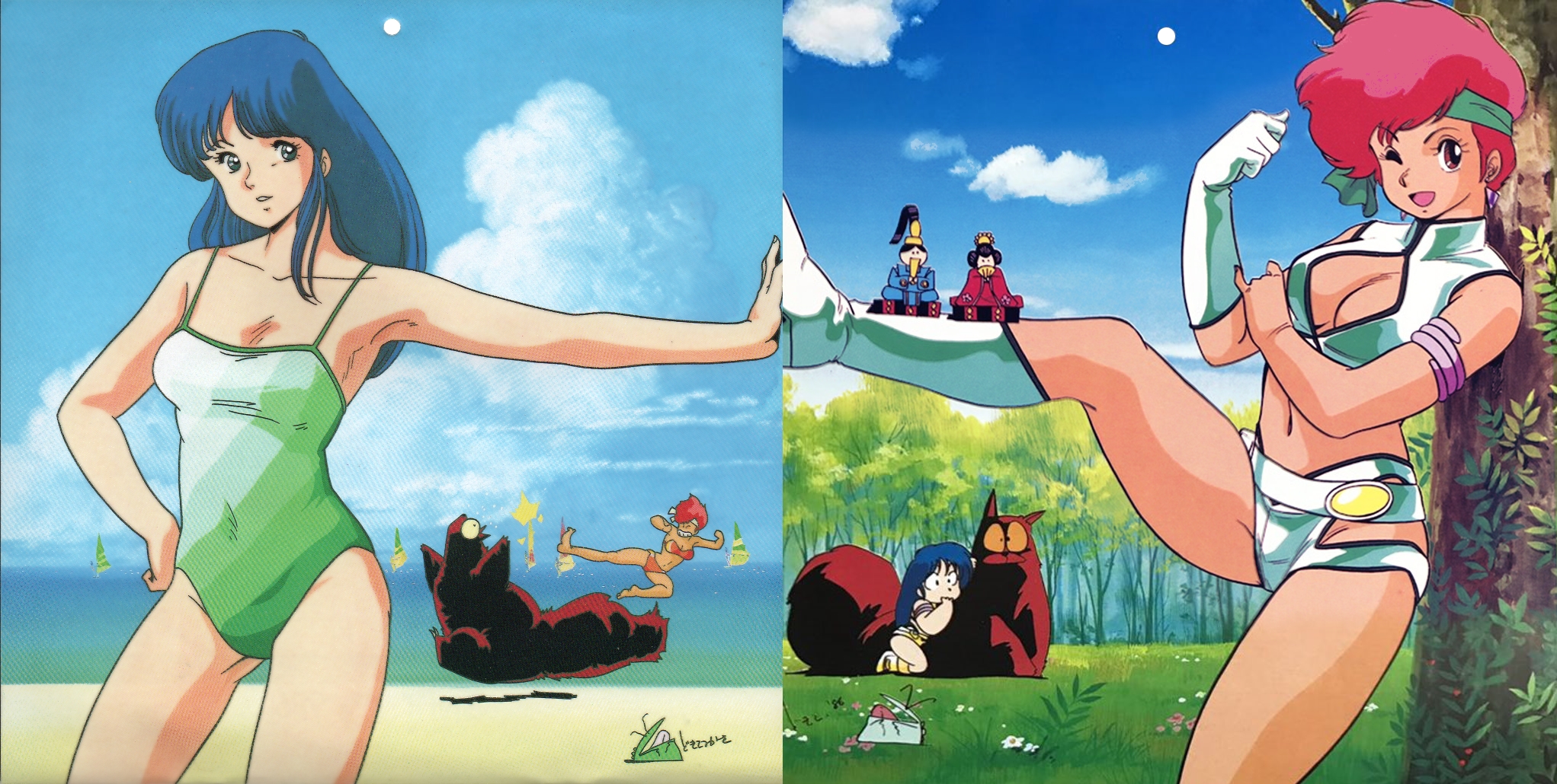 dokite tsukasa, kei (dirty pair), mughi, yuri (dirty pair), dirty pair, 1980s (style), highres, official art, 2girls, bikini, blue hair, breasts, casual one-piece swimsuit, cleavage, day, long hair, looking at viewer, multiple girls, navel, oldschool, one-piece swimsuit, one eye closed, open mouth, outdoors, red hair, retro artstyle, short hair, smile, swimsuit, water