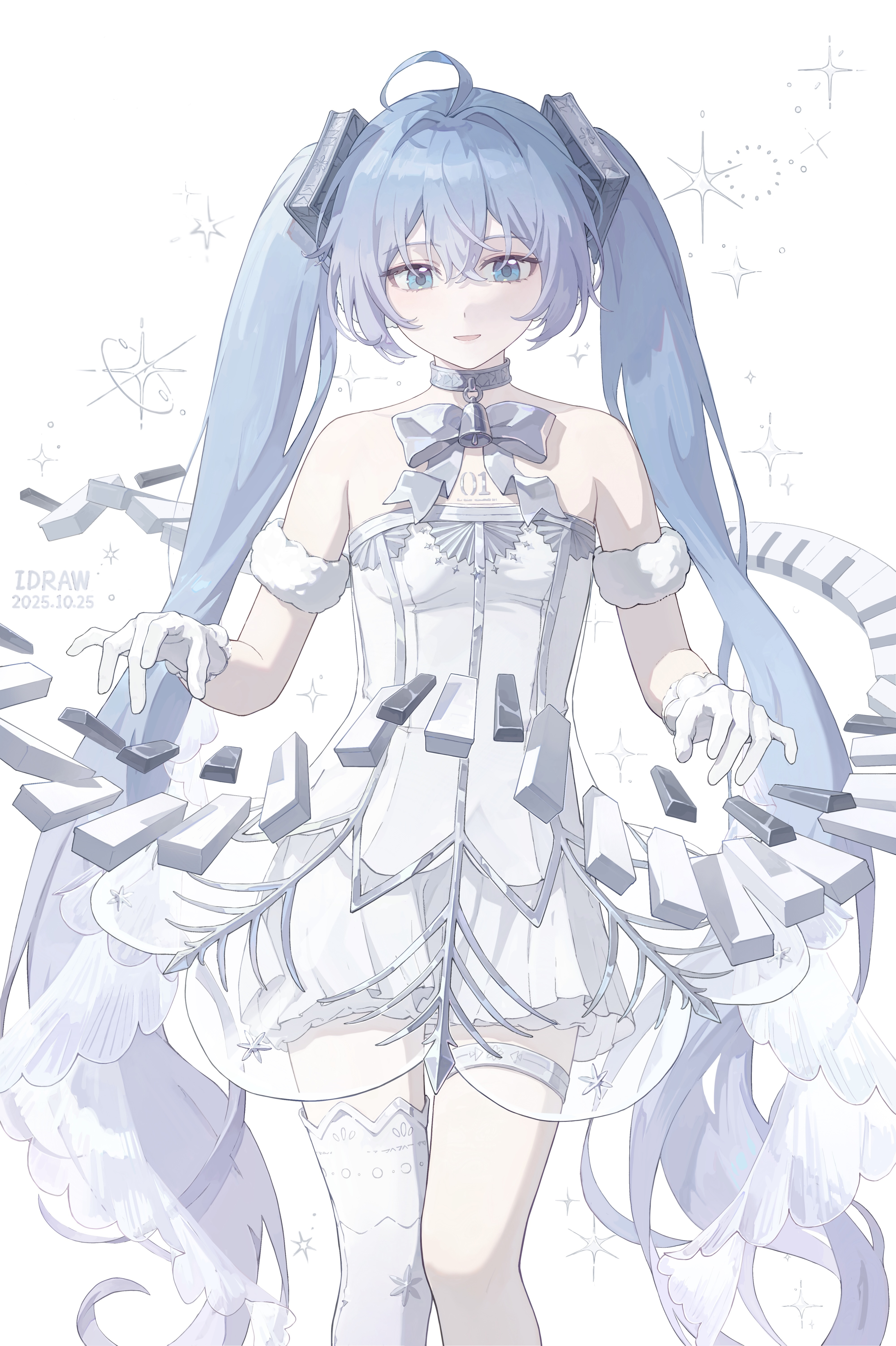 wo de huihua bu, gramophone miku, gramophone miku (frostflower), hatsune miku, miku symphony (vocaloid), vocaloid, absurdres, highres, 1girl, ahoge, aqua eyes, aqua hair, asymmetrical legwear, ballerina, bare shoulders, blush, breasts, chest tattoo, collarbone, detached sleeves, dress, gloves, hair between eyes, hair ornament, medium breasts, number tattoo, official alternate costume, official alternate hairstyle, open mouth, short sleeves, single thighhigh, smile, strapless, strapless dress, tattoo, thigh strap, thighhighs, tutu, twintails, white gloves, white thighhighs