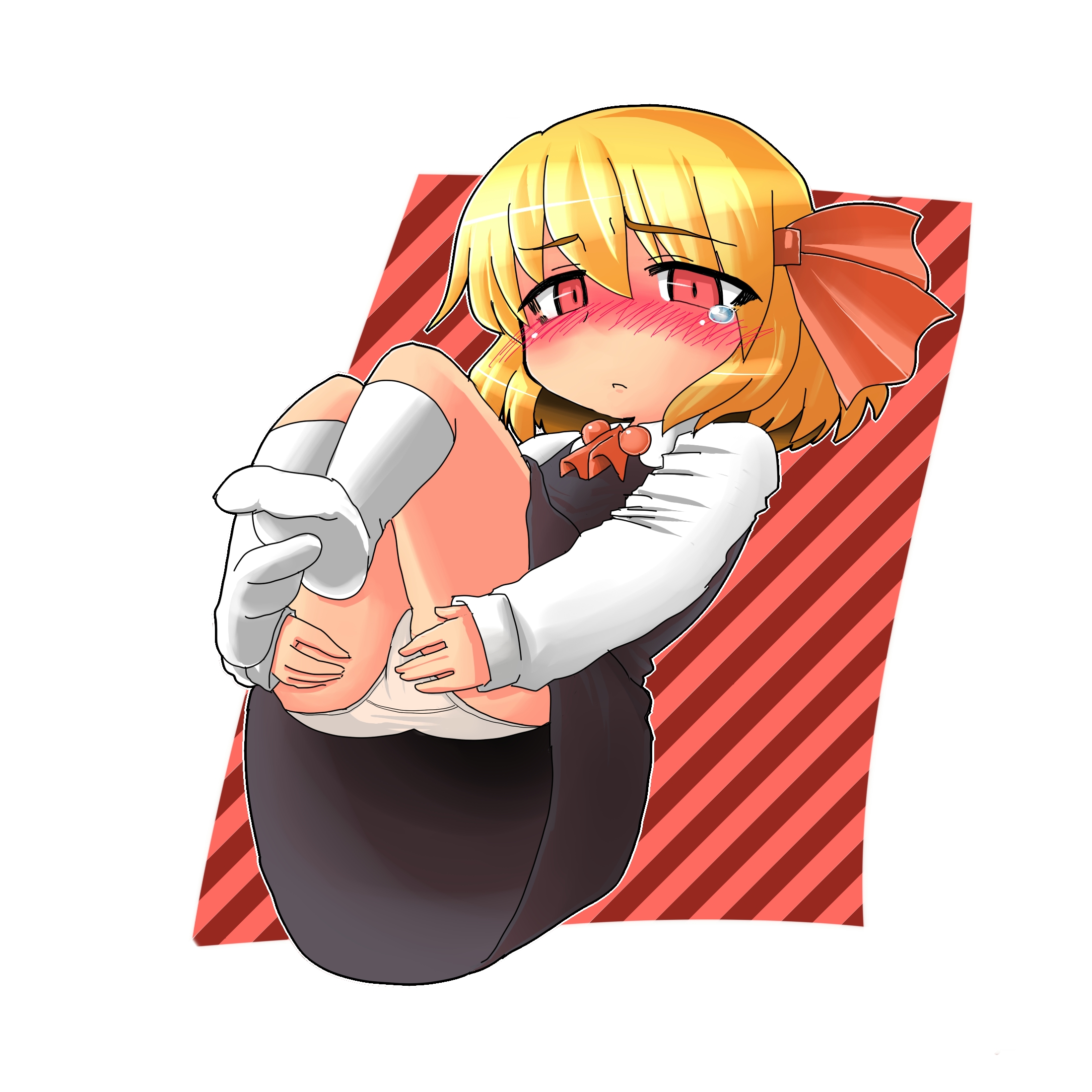 kato (artist), kato (mogumoguokome), rumia, embodiment of scarlet devil, touhou, highres, 1girl, blonde hair, blush, dress, embarrassed, feet, female focus, hair ribbon, loli, panties, red eyes, ribbon, short hair, socks, solo, tears, underwear, upskirt, white panties