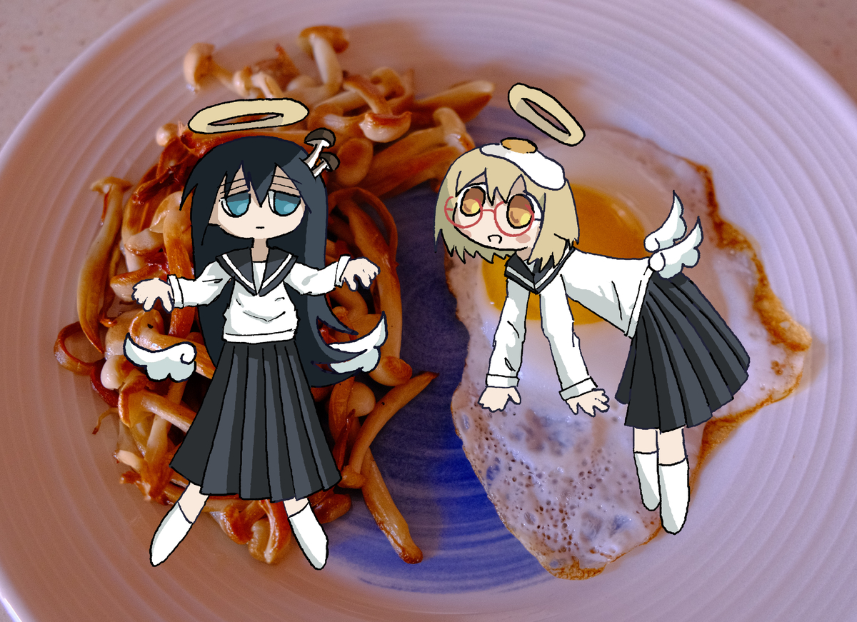 lspark art, tsukishima shijima, yamashita majime, shimeji simulation, 1girl, angel wings, blue eyes, egg, egg (food), food, food-themed hair ornament, food on head, fried egg, fried mushroom, glasses, hair ornament, long hair, mushroom, mushroom hair ornament, mushroom on head, object on head, open mouth, orange eyes, plate, school uniform, short hair, wings