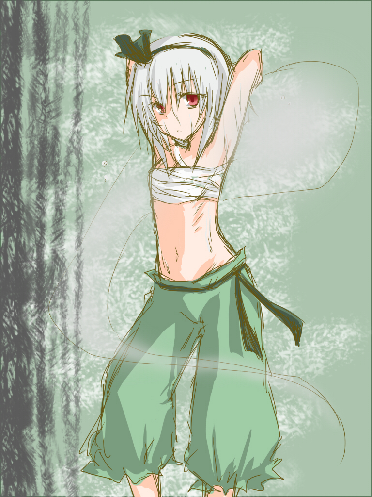 monrooru, konpaku youmu, konpaku youmu (ghost), touhou, 1girl, alternate costume, armpits, chest sarashi, female focus, flat chest, green background, hitodama, ribs, sarashi, sketch, solo, standing, stomach, white hair