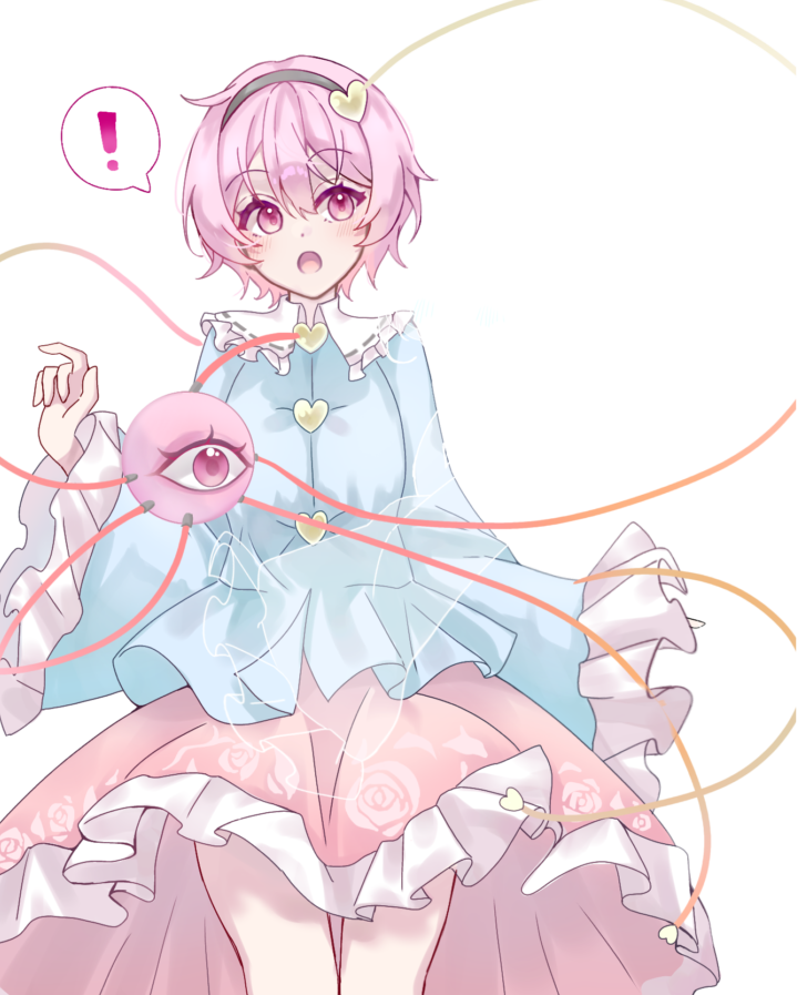 komeiji koishi, komeiji satori, touhou, alpha transparency, thumbnail surprise, !, 2girls, black hairband, blue shirt, bow, buttons, floral print, frilled shirt collar, frilled skirt, frilled sleeves, frills, hairband, hat, hat bow, hat ribbon, heart, heart button, heart of string, hug, multiple girls, open mouth, pink eyes, pink hair, pink skirt, purin seijyaku2, ribbon, ribbon-trimmed collar, ribbon trim, shirt, short hair, siblings, sisters, skirt, spoken heart, third eye