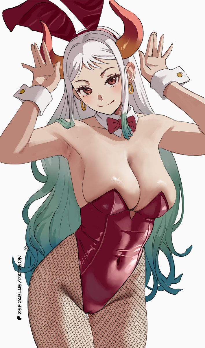 zefrableu, yamato (one piece), one piece, commentary, commission, highres, 1girl, animal ears, aqua hair, arms up, bow, bowtie, breasts, cameltoe, closed mouth, collarbone, covered navel, cowboy shot, detached collar, earrings, fake animal ears, fishnet pantyhose, fishnets, gluteal fold, gradient hair, grey hair, highleg, highleg leotard, hoop earrings, horns, jewelry, large breasts, leotard, light smile, long hair, looking at viewer, multicolored hair, pantyhose, patreon logo, patreon username, playboy bunny, rabbit ears, rabbit pose, red bow, red bowtie, red leotard, skindentation, solo, strapless, strapless leotard, thigh gap, traditional bowtie, very long hair, wrist cuffs