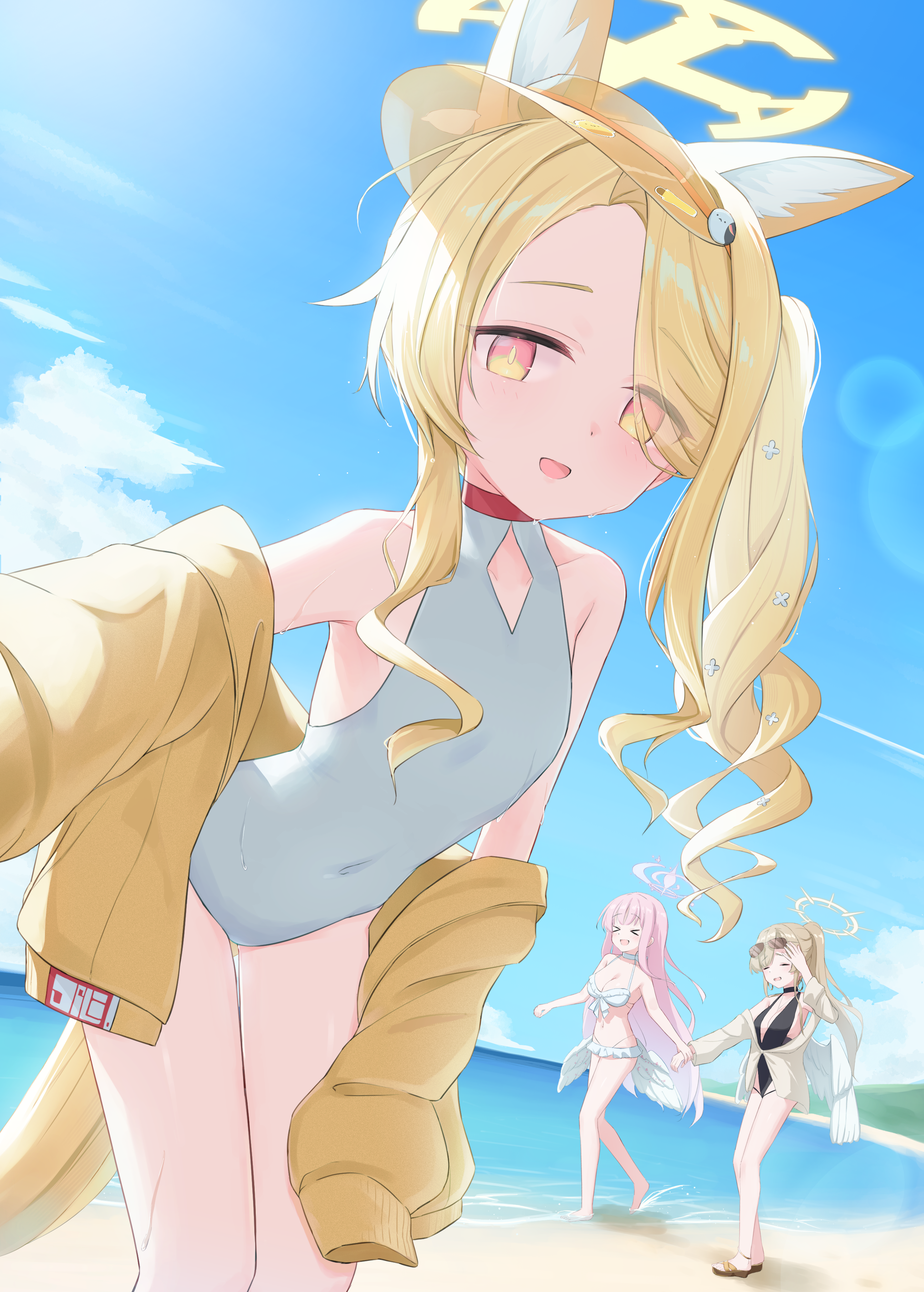 hitsuji (myn mei), mika (blue archive), mika (swimsuit) (blue archive), nagisa (blue archive), nagisa (swimsuit) (blue archive), seia (blue archive), seia (swimsuit) (blue archive), blue archive, absurdres, highres, > <, 3girls, angel wings, animal ear fluff, animal ears, beach, bikini, black one-piece swimsuit, blush, breasts, brown hair, brown halo, choker, cleavage, closed eyes, collarbone, covered navel, eyewear on head, feathered wings, fox ears, fox girl, fox tail, frilled bikini, frills, hair over one eye, halo, hand on own knee, holding, holding another's wrist, jacket, leaning forward, long hair, long sleeves, looking at viewer, low wings, multiple girls, navel, one-piece swimsuit, open mouth, pink eyes, pink hair, pink halo, sandals, small breasts, smile, sunglasses, swimsuit, tail, tea party (blue archive), very long hair, visor cap, white bikini, white choker, white one-piece swimsuit, white wings, wings, yellow halo, yellow jacket
