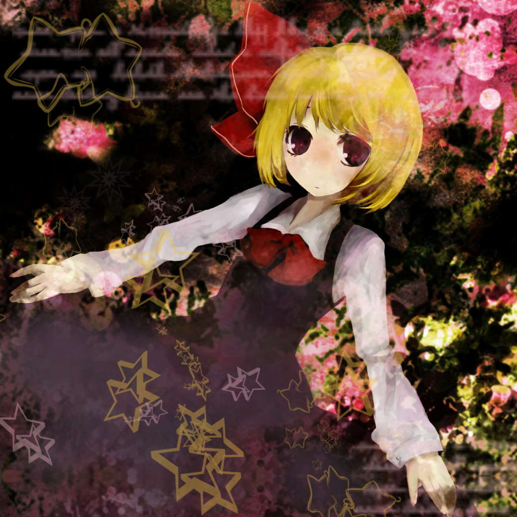 swami, rumia, embodiment of scarlet devil, touhou, bad id, bad pixiv id, 1girl, blonde hair, female focus, hair ribbon, red eyes, ribbon, short hair, solo