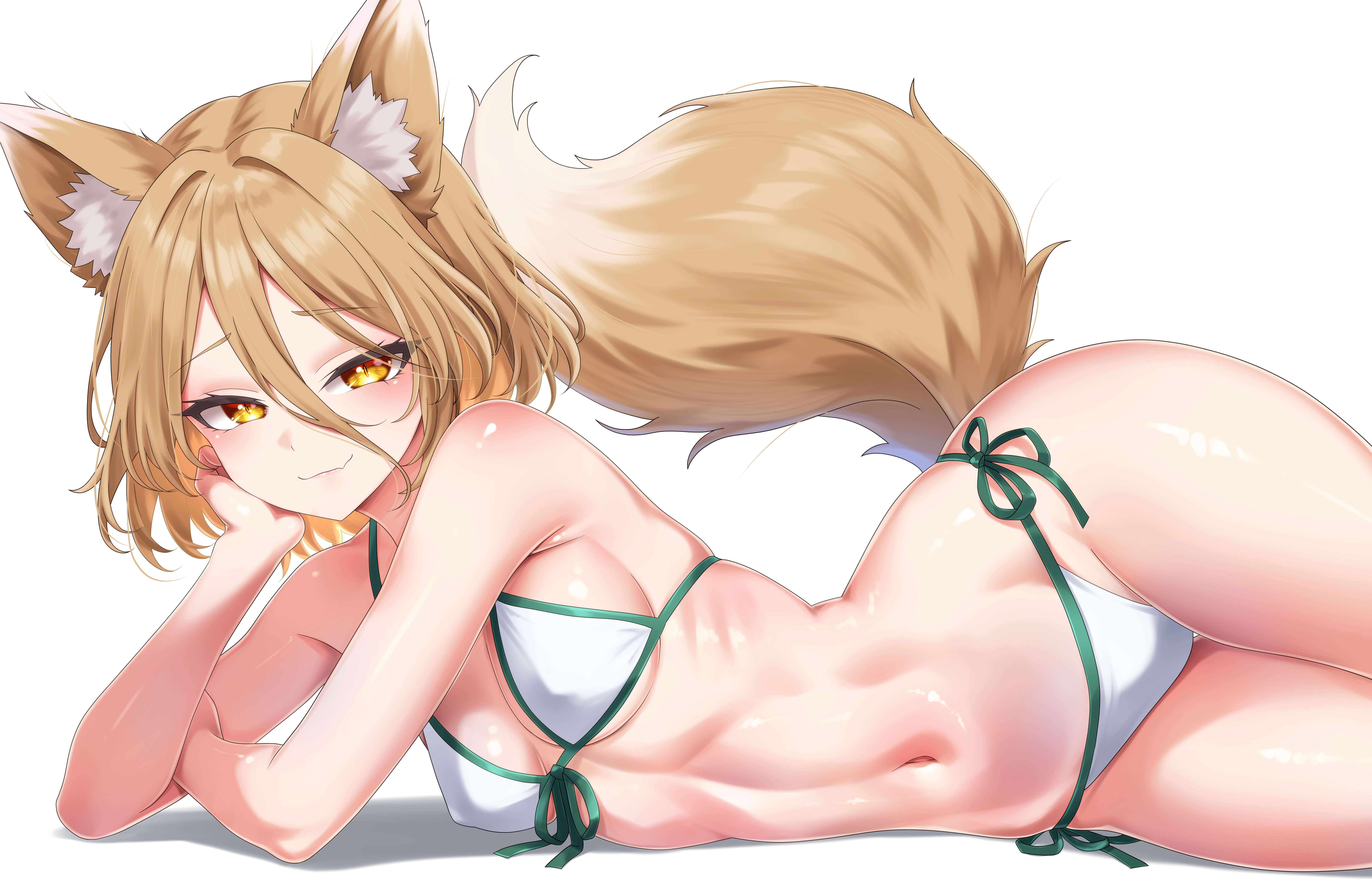 leo23, kudamaki tsukasa, touhou, absurdres, highres, 1girl, animal ear fluff, animal ears, bikini, breasts, brown hair, covered erect nipples, fox ears, fox girl, fox tail, hair between eyes, looking at viewer, medium breasts, navel, ribs, short hair, side-tie bikini bottom, simple background, smile, solo, swimsuit, tail, white background, white bikini, yellow eyes