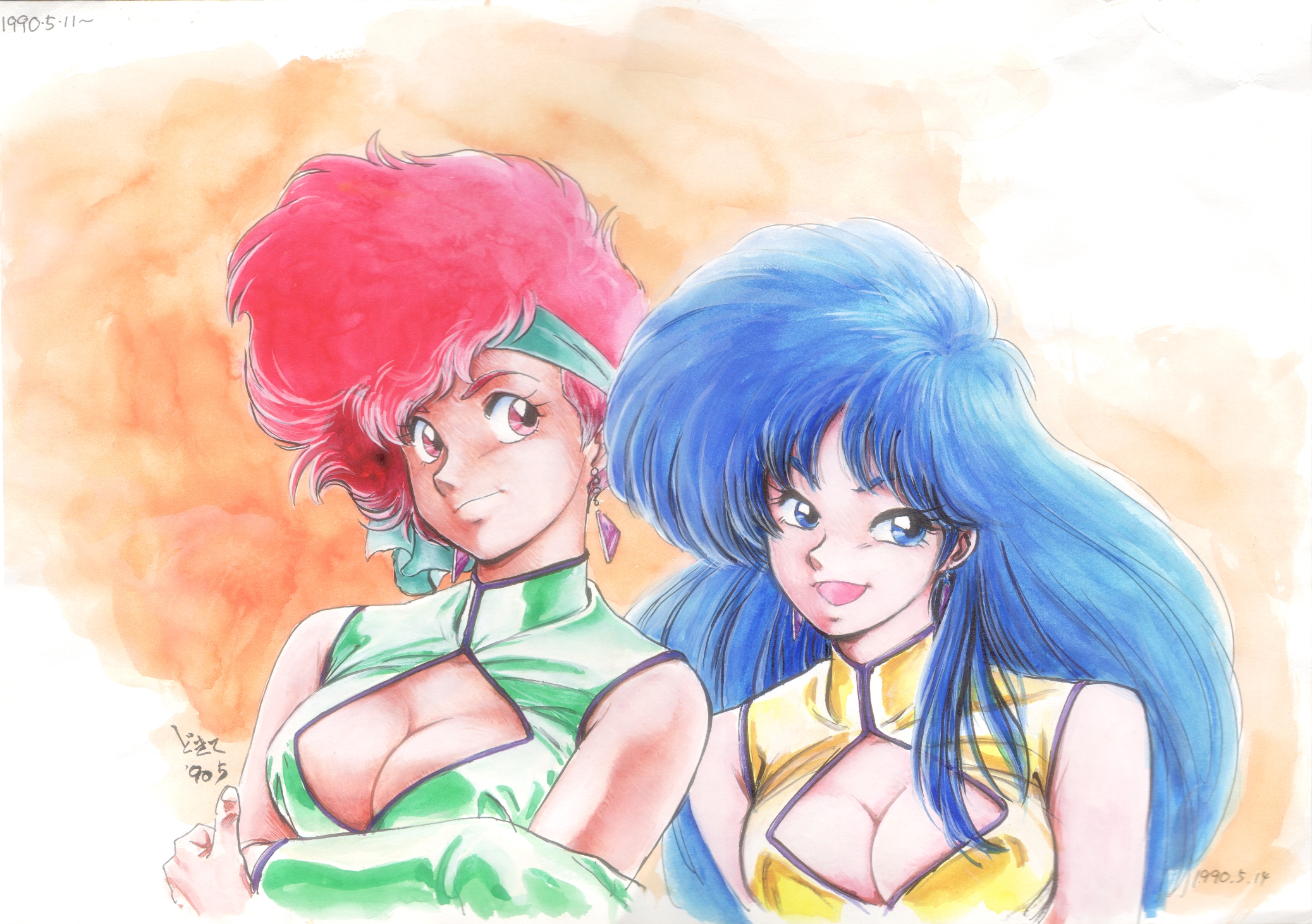 dokite tsukasa, kei (dirty pair), yuri (dirty pair), dirty pair, 1980s (style), highres, official art, 2girls, blue hair, breasts, cleavage, dated, earrings, jewelry, long hair, looking at viewer, multiple girls, oldschool, open mouth, red hair, retro artstyle, smile