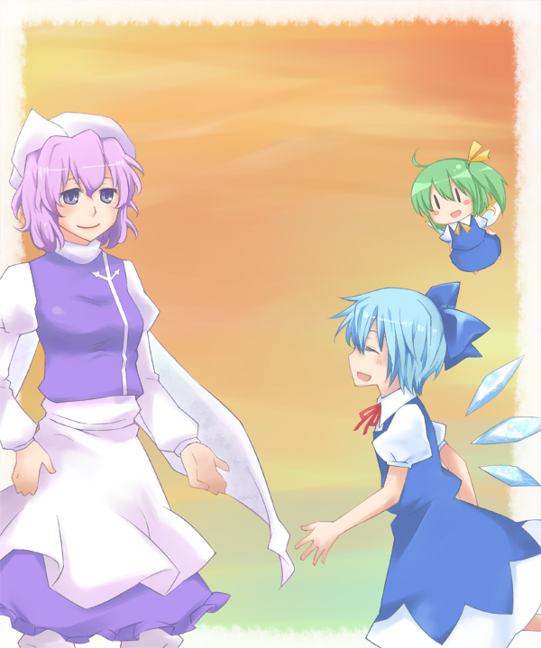 akatsuki (pixiv), cirno, daiyousei, letty whiterock, touhou, bad id, bad pixiv id, inactive account, 3girls, blue hair, closed eyes, dress, female focus, gradient background, green hair, hat, multiple girls, purple hair, smile, wings, | |