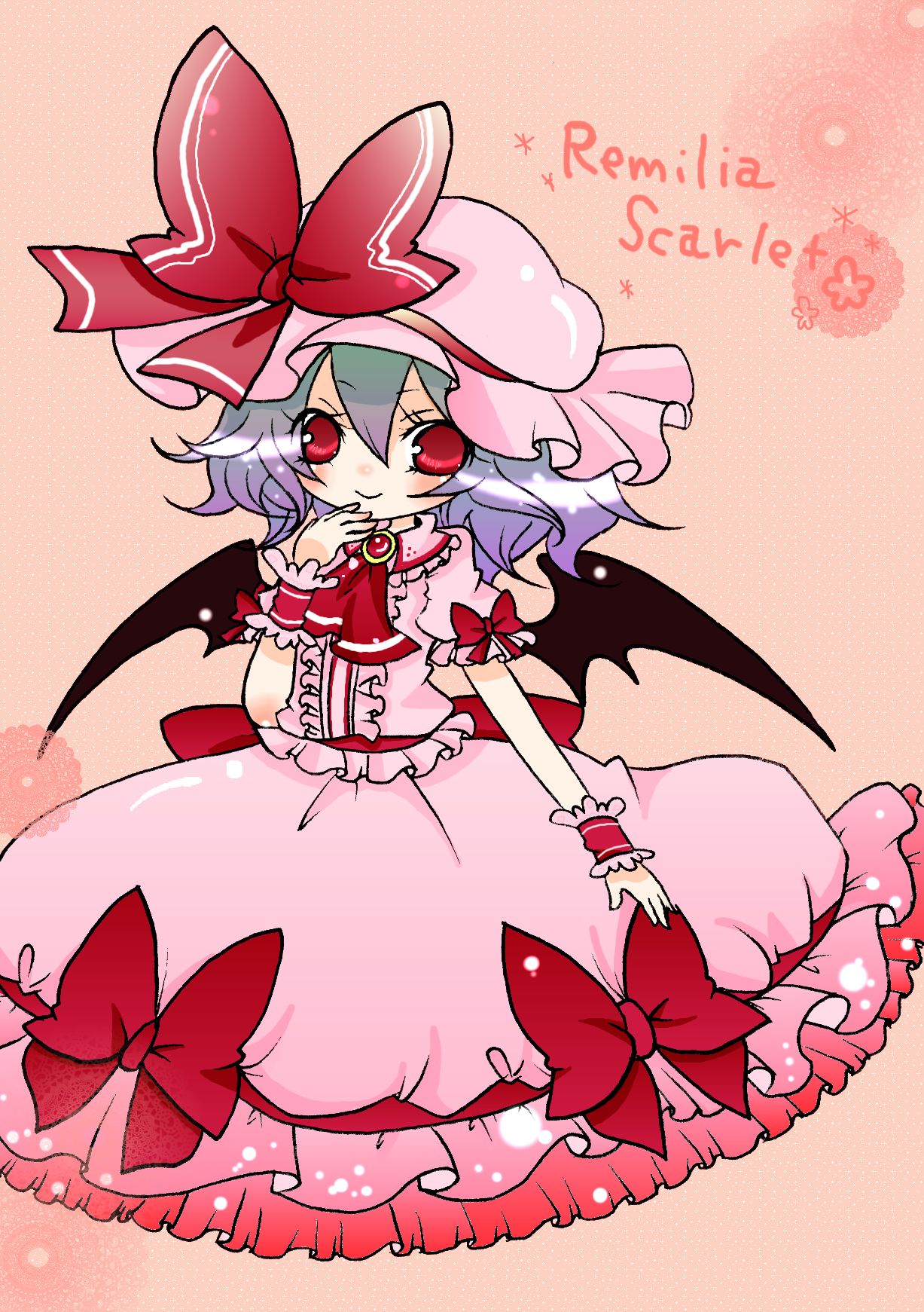haru (citron citron), remilia scarlet, touhou, bad id, bad pixiv id, highres, 1girl, bat wings, blue hair, female focus, hat, red eyes, short hair, skirt, solo, wings, wrist cuffs