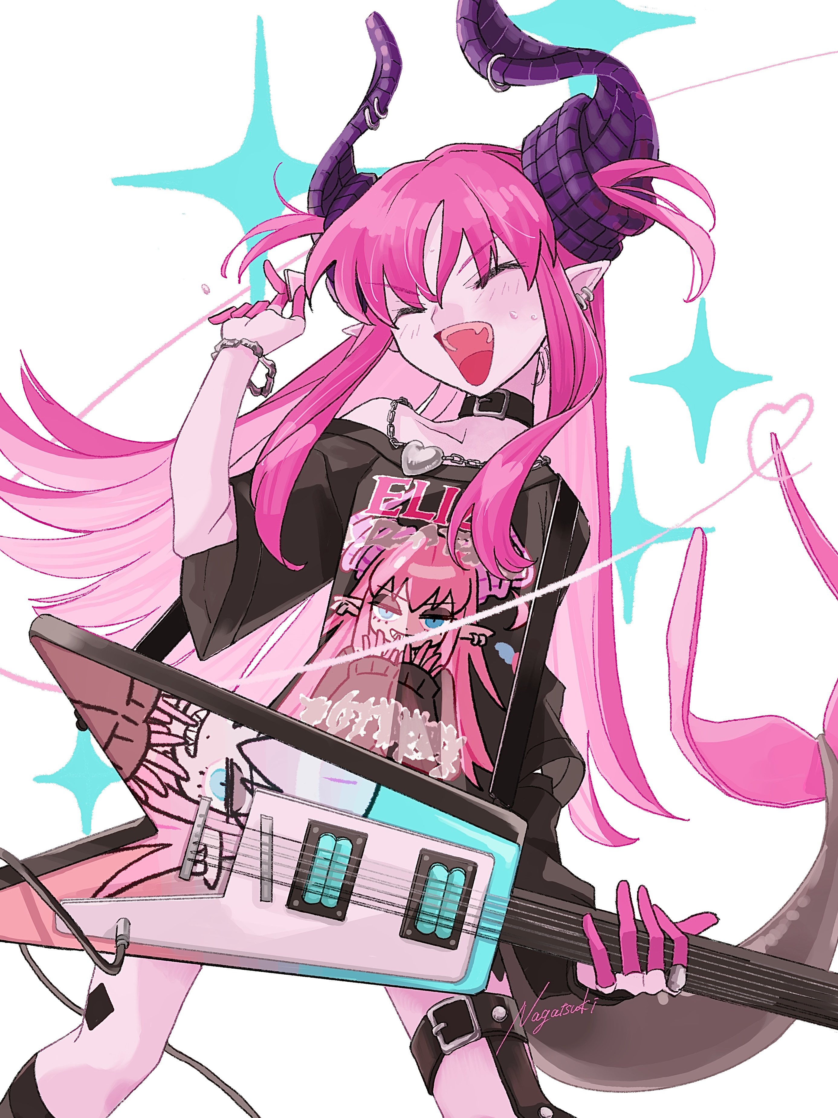 nagatsuki (huwamo9 8ku), elizabeth bathory (fate), fate/grand order, fate (series), absurdres, commentary, highres, 1girl, arm warmers, bare shoulders, black arm warmers, black collar, black shirt, black socks, bracelet, closed eyes, collar, colored fingertips, dragon girl, dragon horns, dragon tail, earrings, electric guitar, elizabeth bathory (perfect) (fate), elizabeth bathory (perfect) (first ascension) (fate), guitar, hair between eyes, hand up, heart, heart pendant, holding, holding guitar, holding instrument, holding plectrum, horn piercing, horns, instrument, jewelry, legwear garter, light blush, long hair, off shoulder, open mouth, pink hair, plectrum, pointy ears, purple horns, shirt, short sleeves, shoulder strap, signature, simple background, single arm warmer, single legwear garter, single off shoulder, smile, socks, solo, sparkle, standing, sweat, t-shirt, tail, teeth, upper teeth only, v-shaped eyebrows, white background