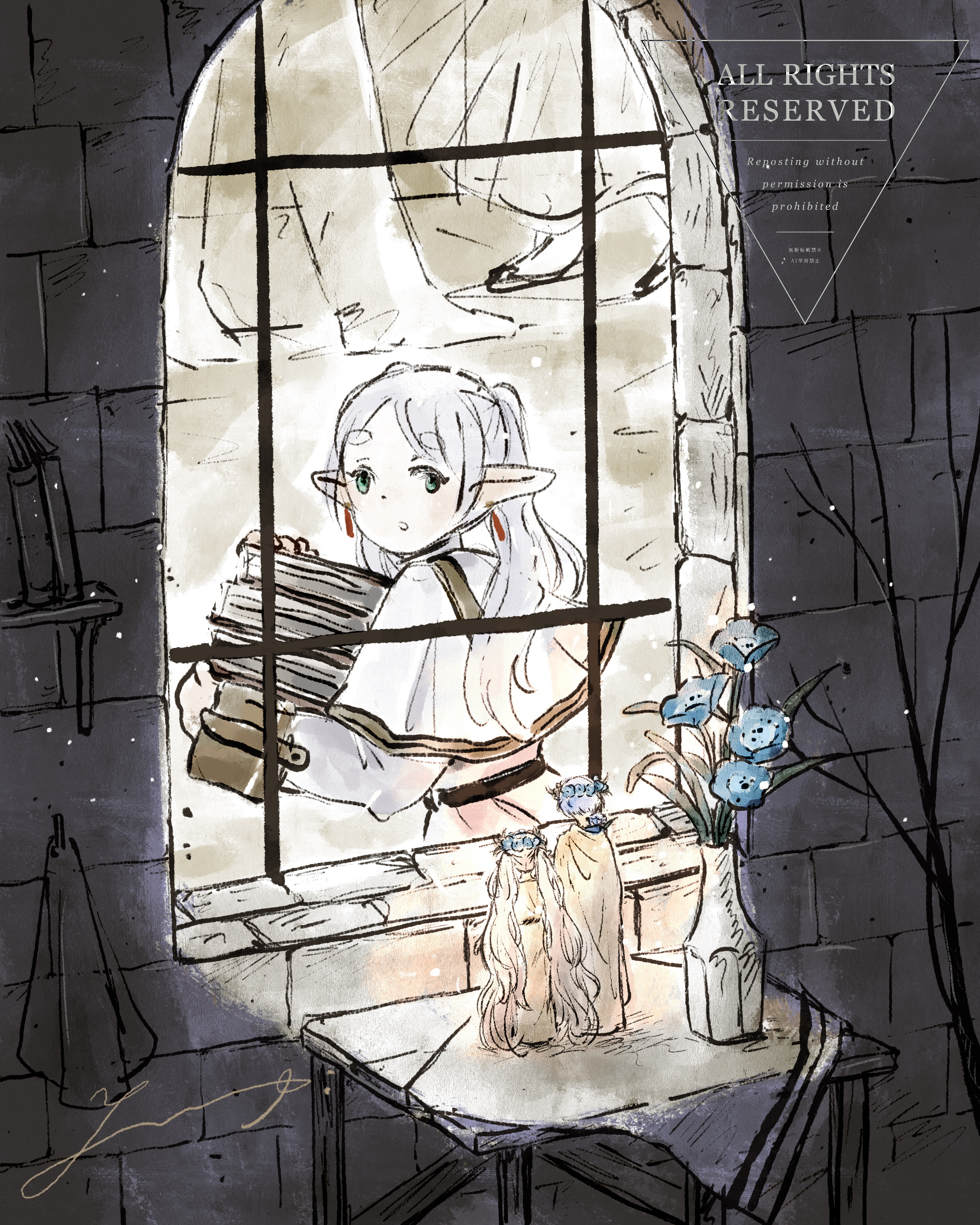 frieren, himmel (sousou no frieren), sousou no frieren, absurdres, commentary request, highres, 1boy, 1girl, 2others, blue flower, blue hair, book, capelet, dot nose, elf, flower, green eyes, grey hair, head wreath, holding, holding book, jacket, kochyan52jp, long hair, long sleeves, looking at viewer, looking outside, looking to the side, multiple others, parted lips, pile of books, pointy ears, signature, solo, stone wall, turning head, twintails, vase, very long hair, watermark, white capelet, white jacket, window shadow