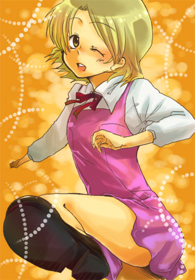 sulky mary, aoba tsugumi, sawashiro miyuki, yamashita satoru, kannagi, kurogane no linebarrel, bad id, bad pixiv id, 1boy, androgynous, blonde hair, male focus, one eye closed, parody, reverse trap, ribbon, school uniform, short hair, solo, trap, voice actor connection, wink