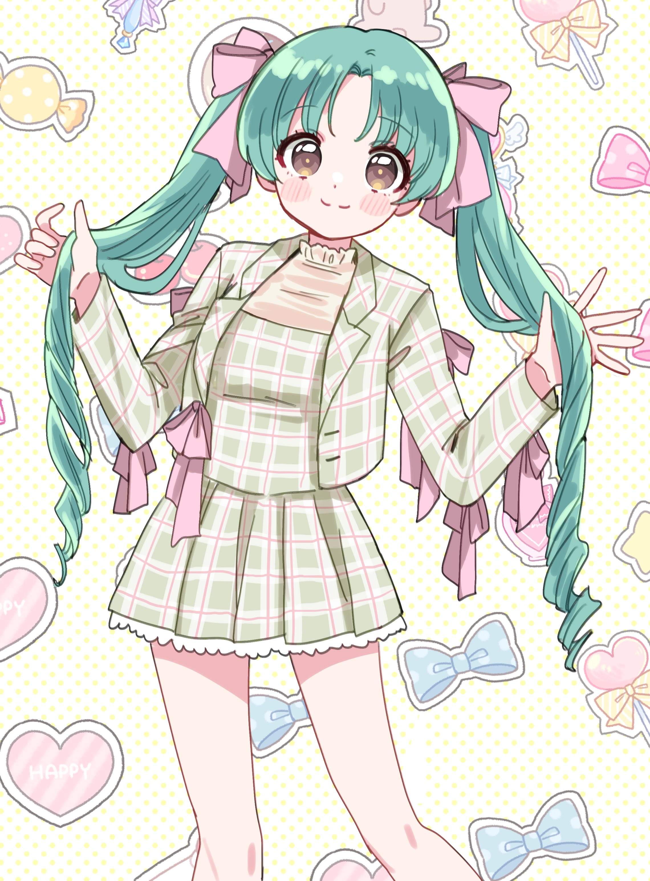 sukoyaka (100hituzi), tokugawa matsuri, idolmaster, idolmaster million live!, absurdres, commentary request, highres, 1girl, alternate hair length, alternate hairstyle, blush stickers, bow background, brown eyes, closed mouth, english text, feet out of frame, food-themed background, green hair, green jacket, green shirt, green skirt, hands up, heart, heart background, holding, holding own hair, jacket, light smile, long hair, long sleeves, looking at viewer, parted bangs, pink ribbon, ribbon, shirt, skirt, solo, thighs