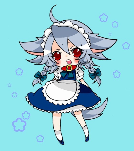 haru (citron citron), inu sakuya (nejikirio), izayoi sakuya, touhou, silver hair, bad id, bad pixiv id, 1girl, ahoge, animal ears, braid, dog ears, dog tail, dress, female focus, full body, hairband, kemonomimi mode, maid, red eyes, short hair, solo, tail, twin braids