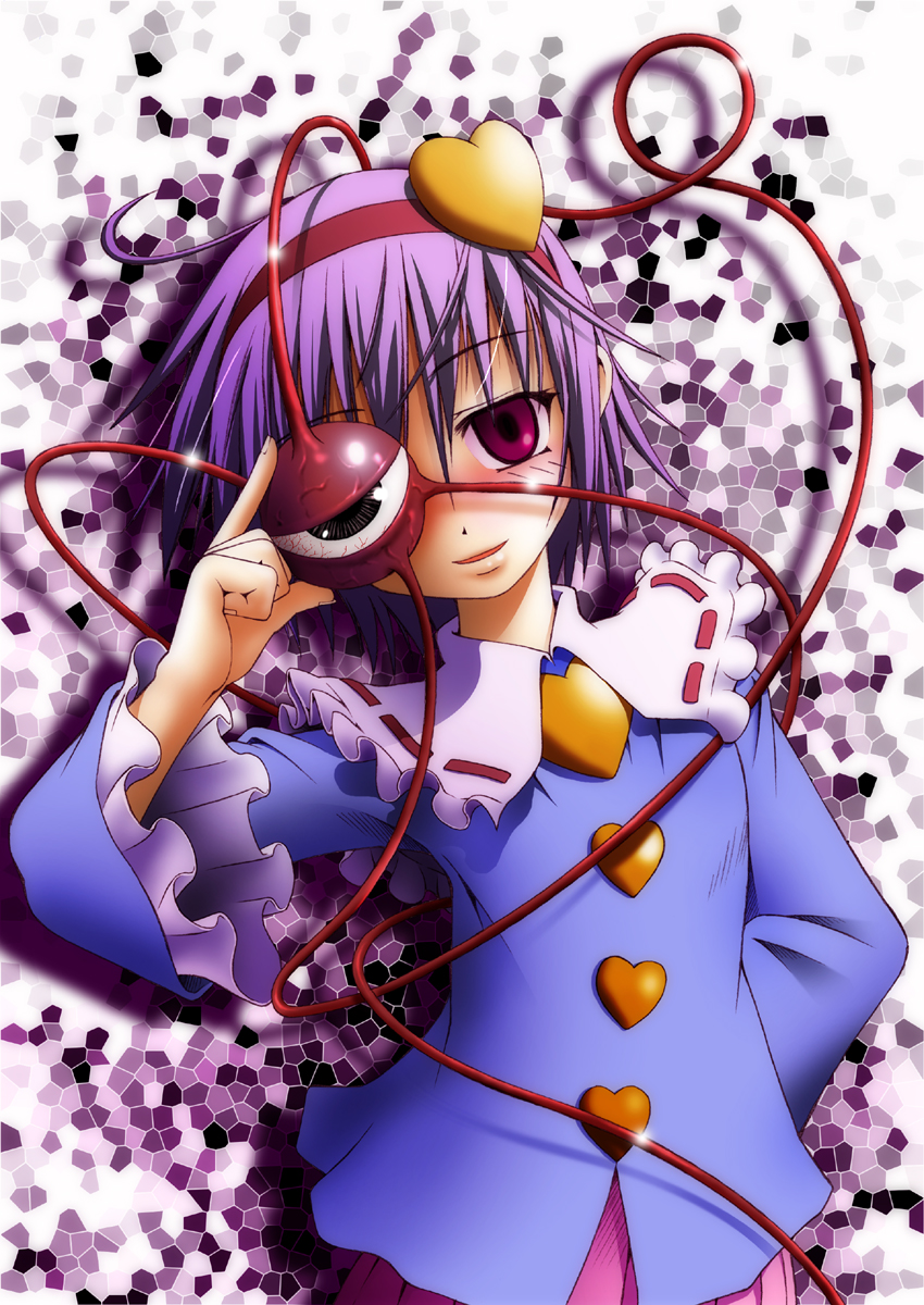 wa-san, komeiji satori, touhou, highres, 1girl, female focus, hairband, heart, purple hair, red eyes, smile, solo, upper body