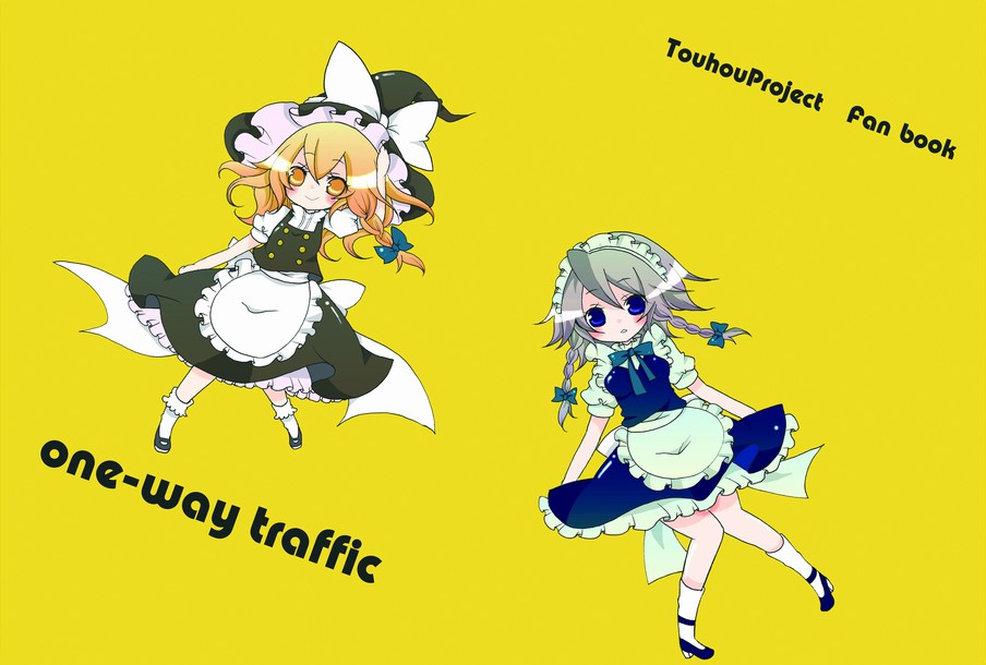 haru (citron citron), izayoi sakuya, kirisame marisa, touhou, silver hair, bad id, bad pixiv id, 2girls, blonde hair, blue eyes, braid, female focus, hairband, hat, multiple girls, short hair, twin braids, witch, witch hat, yellow eyes