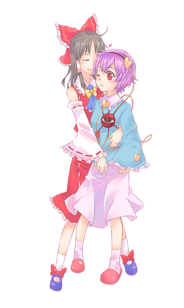 akatsuki (pixiv), hakurei reimu, komeiji satori, touhou, bad id, bad pixiv id, inactive account, 2girls, bare shoulders, closed eyes, detached sleeves, female focus, hug, japanese clothes, miko, multiple girls, purple hair, red eyes