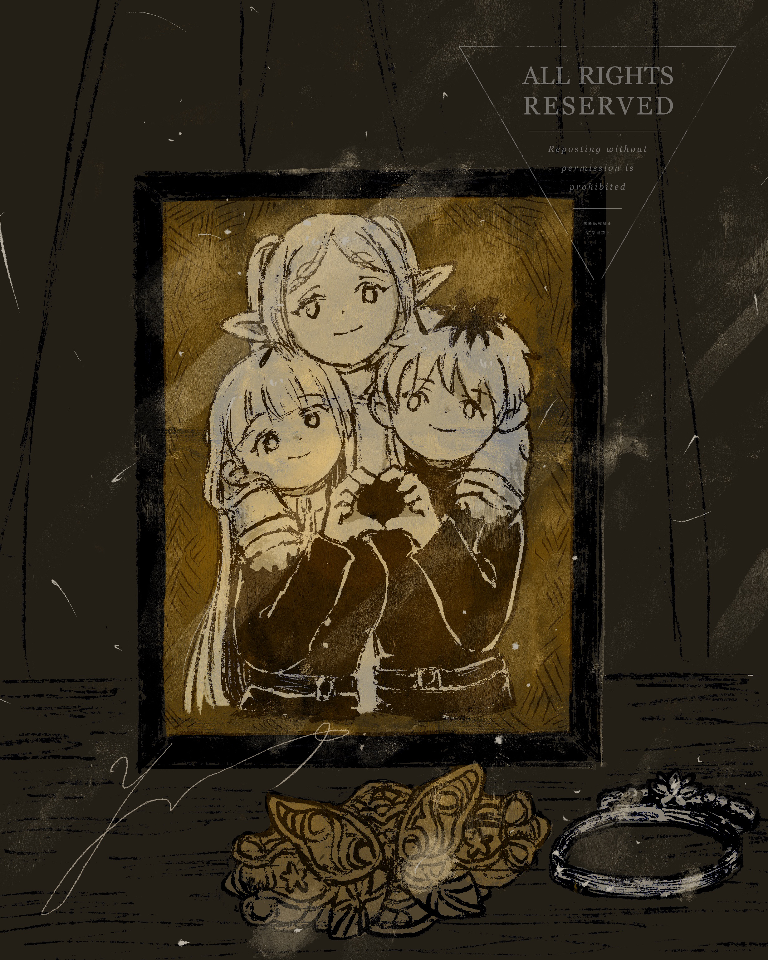 fern (sousou no frieren), frieren, stark (sousou no frieren), sousou no frieren, absurdres, commentary request, highres, 1boy, 2girls, butterfly hair ornament, closed mouth, dot nose, hair ornament, hand up, heart, heart hands, heart hands duo, kochyan52jp, long hair, long sleeves, multiple girls, picture frame, shirt, short hair, smile, twintails, unworn bracelet, unworn hair ornament, very short hair, watermark