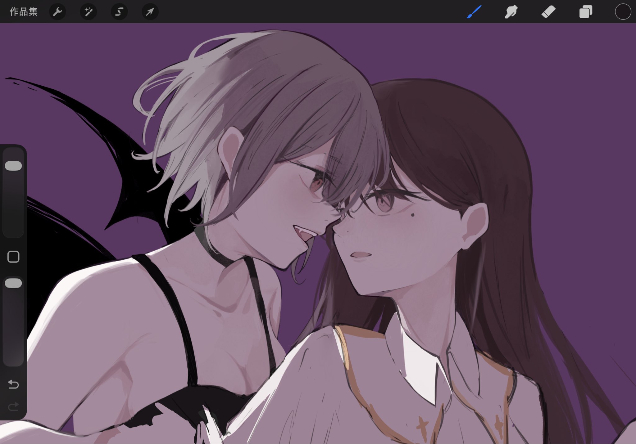 shiina taki, takamatsu tomori, bang dream!, bang dream! it's mygo!!!!!, commentary request, highres, procreate (medium), 23 degree01, 2girls, art program in frame, black bra, blue eyes, bra, breasts, brown hair, cleavage, fangs, grey hair, long hair, mole, mole under eye, multiple girls, open mouth, short hair, underwear, yuri