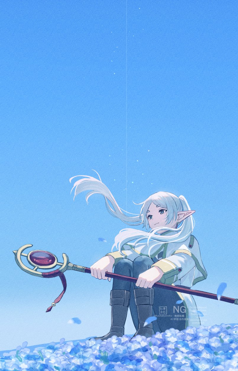 sarasa kouhaku, frieren, sousou no frieren, highres, 1girl, black pantyhose, blue sky, boots, capelet, clear sky, closed mouth, elf, falling petals, floating hair, green eyes, holding, holding staff, long hair, long sleeves, mage staff, outdoors, pantyhose, parted bangs, petals, pointy ears, shirt, sitting, skirt, sky, smile, solo, staff, striped clothes, striped shirt, twintails, white capelet, white hair, white skirt