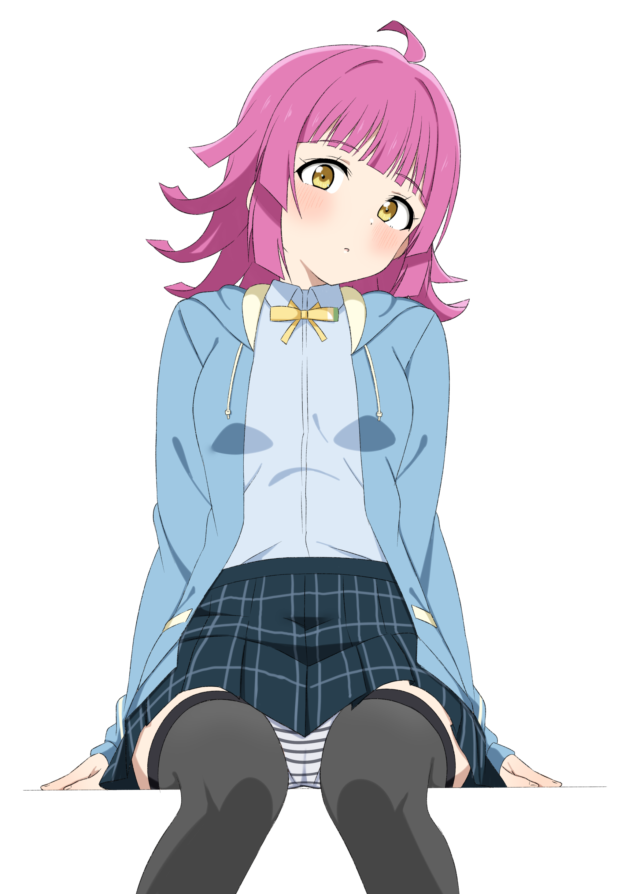 goa1126, tennoji rina, love live!, love live! nijigasaki high school idol club, absurdres, highres, 1girl, ahoge, black thighhighs, blue jacket, blunt bangs, blunt ends, blush, collared shirt, head tilt, jacket, looking at viewer, nijigasaki school uniform, open clothes, open jacket, panties, pantyshot, pink hair, plaid clothes, plaid skirt, ribbon, school uniform, shirt, sitting, skirt, solo, striped clothes, striped panties, thighhighs, underwear, yellow eyes, yellow ribbon