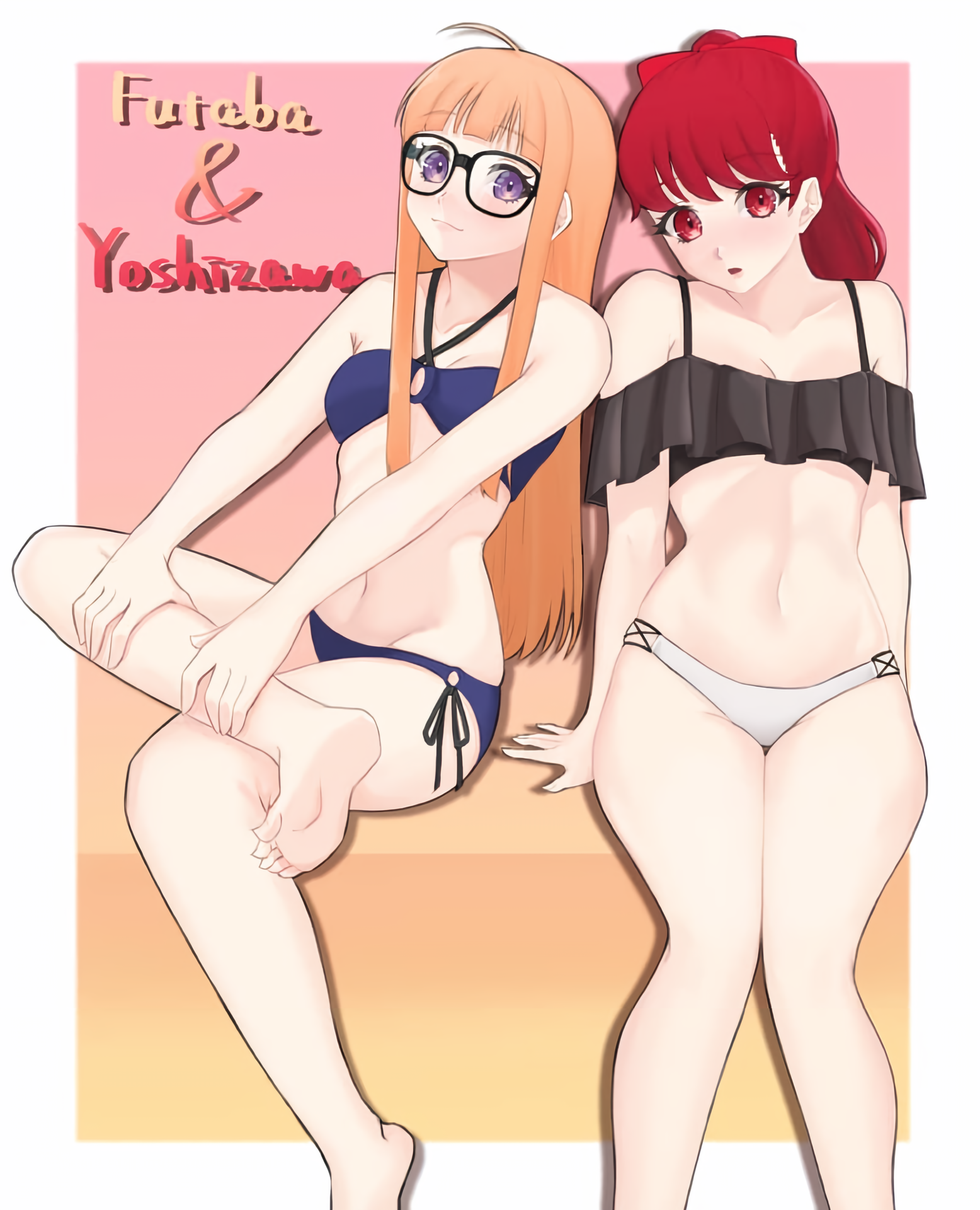 reneph, sakura futaba, yoshizawa kasumi, atlus, persona, persona 5, highres, 2girls, ahoge, bare legs, barefoot, bikini, blush, border, breasts, character name, cleavage, closed mouth, crossed arms, feet, feet out of frame, female focus, full body, glasses, gradient background, looking at viewer, matching hair/eyes, multiple girls, open mouth, purple eyes, red eyes, red hair, small breasts, soles, swimsuit, thighs, toes, white border