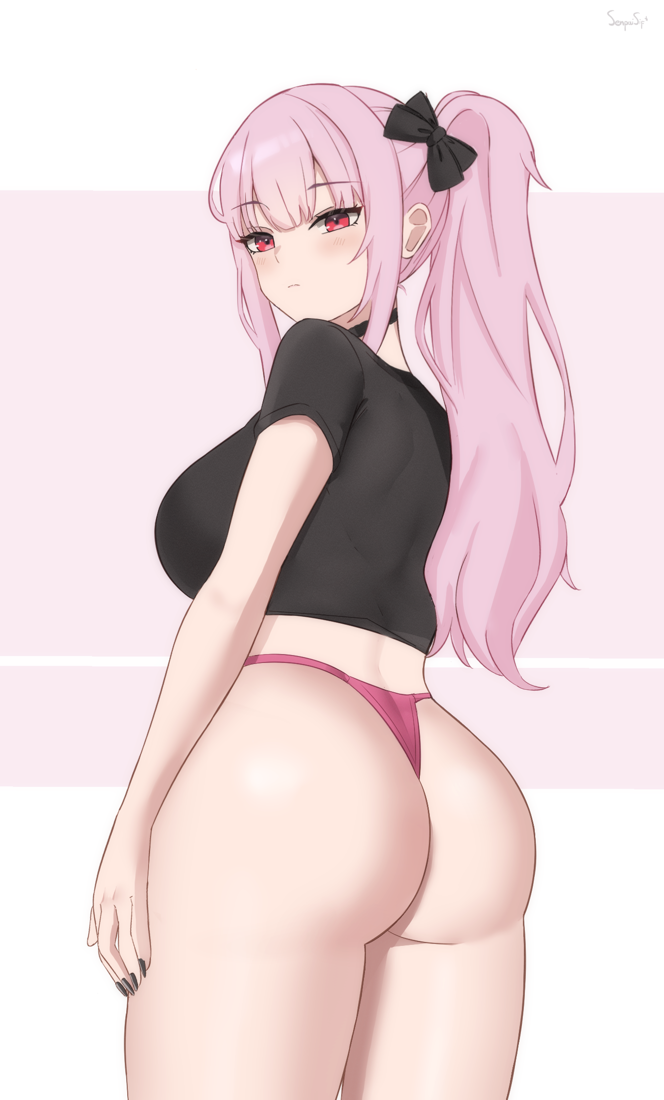 senpaisif, mori calliope, hololive, hololive english, commentary, highres, 1girl, alternate costume, ass, black choker, black nails, black shirt, blue bow, blunt bangs, bow, breasts, choker, closed mouth, cowboy shot, cropped shirt, fingernails, from behind, hair bow, high ponytail, large breasts, light blush, long hair, looking at viewer, looking back, nail polish, no pants, panties, pink hair, pink panties, ponytail, red eyes, shirt, short sleeves, sideboob, sidelocks, solo, thick thighs, thighs, thong, underwear, virtual youtuber