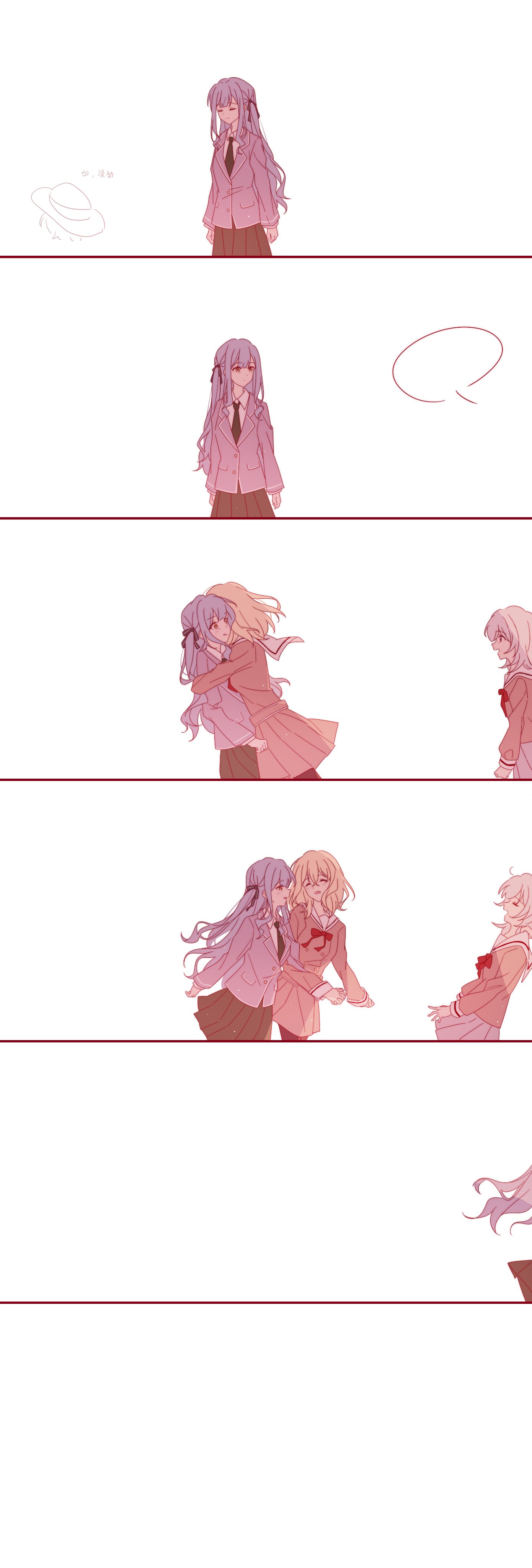 meeeeei, kaname raana, misumi uika, togawa sakiko, yuutenji nyamu, bang dream!, bang dream! it's mygo!!!!!, absurdres, commentary, highres, translation request, 4girls, = =, black pantyhose, blonde hair, blue hair, bow, bowtie, brown dress, brown shirt, chinese text, closed eyes, dress, floating hair, green necktie, green skirt, grey jacket, grey skirt, hair between eyes, hair ribbon, haneoka school uniform, holding hands, hug, interlocked fingers, jacket, long hair, long sleeves, multiple girls, necktie, pantyhose, pleated dress, pleated skirt, red bow, red bowtie, ribbon, sailor collar, school uniform, serafuku, shirt, sidelocks, skirt, white hair, white sailor collar, yuri