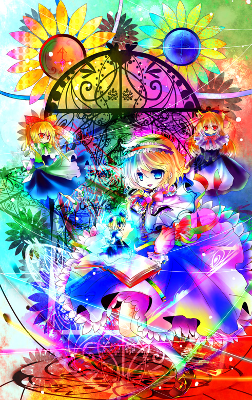 kazu (muchuukai), alice margatroid, shanghai doll, touhou, white legwear, bad id, bad pixiv id, 4girls, alternate hair color, blouse, blue shirt, book, colorful, doll, female focus, flower, full body, glowing, hairband, mini person, minigirl, multiple girls, necktie, plant, red necktie, shaded face, shirt, short hair, sitting, standing, standing on one leg, thighhighs