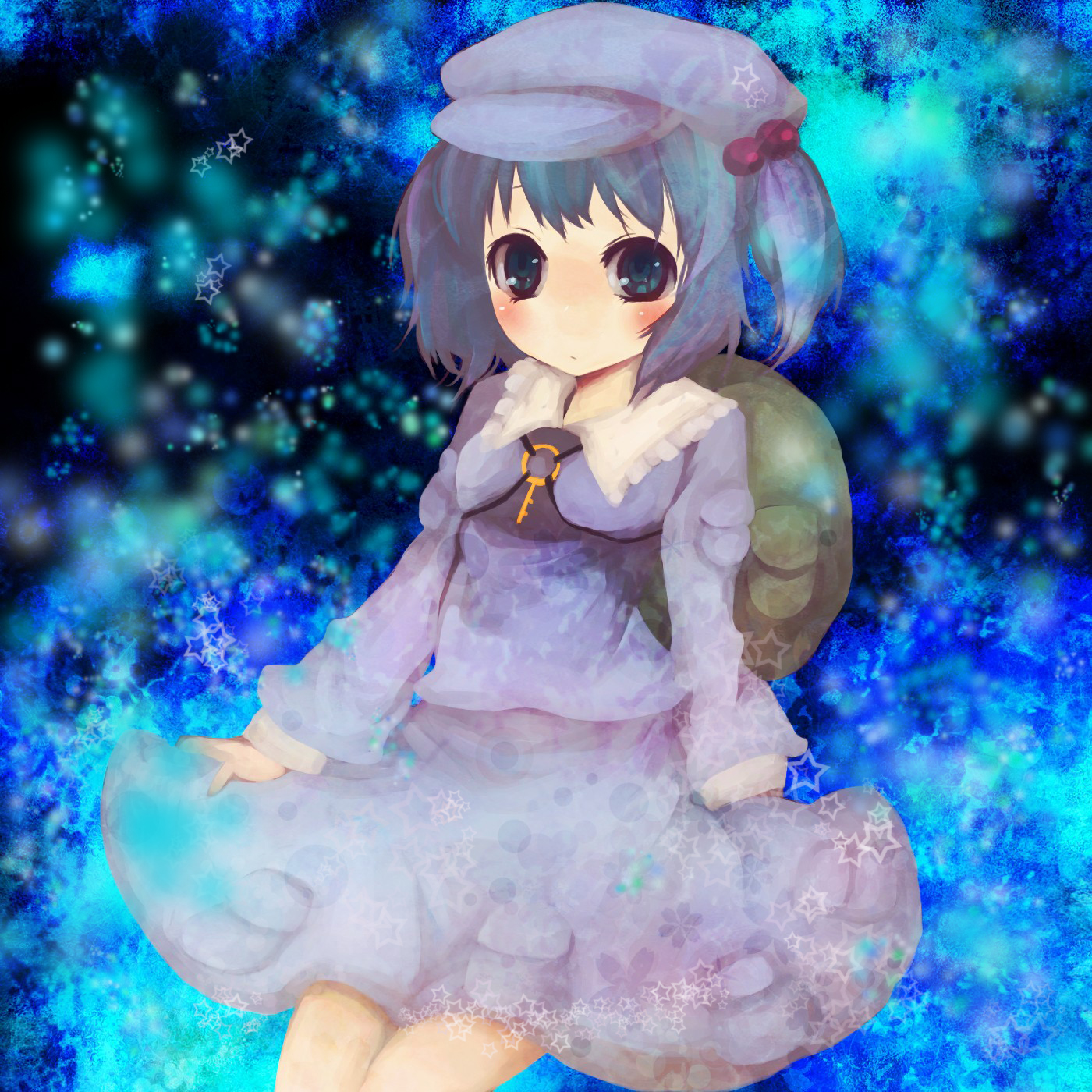 swami, kawashiro nitori, touhou, bad id, bad pixiv id, highres, 1girl, backpack, bag, blue dress, blue eyes, blue hair, blush, dress, female focus, flat cap, hair bobbles, hair ornament, hat, long sleeves, looking at viewer, matching hair/eyes, short hair, solo, tareme, twintails, two side up
