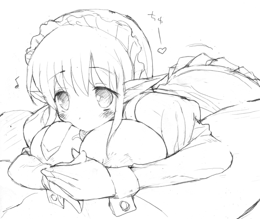 mutsutake, 1girl, blush, breasts, greyscale, hair ornament, huge breasts, long hair, monochrome, paizuri, penis, pointy ears, sketch, skirt, solo focus, uncensored