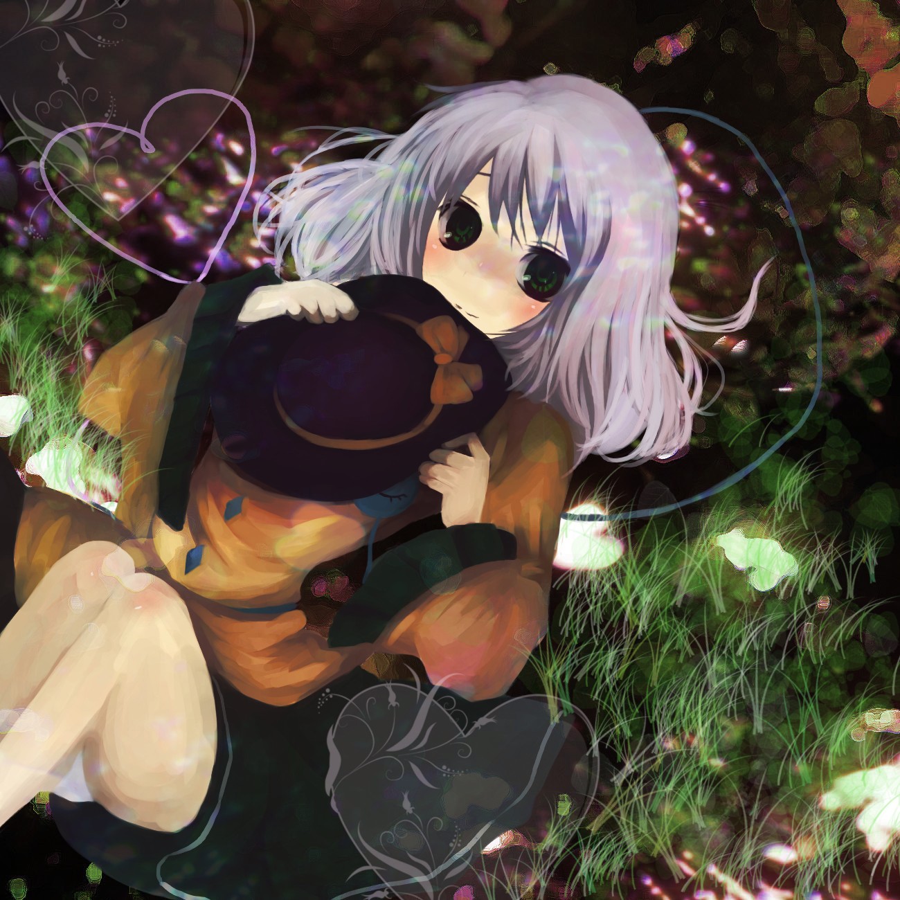 swami, komeiji koishi, touhou, silver hair, highres, 1girl, black eyes, blush, female focus, green skirt, hat, heart, heart of string, knees up, long sleeves, looking at viewer, nature, outdoors, purple hair, shy, skirt, smile, solo