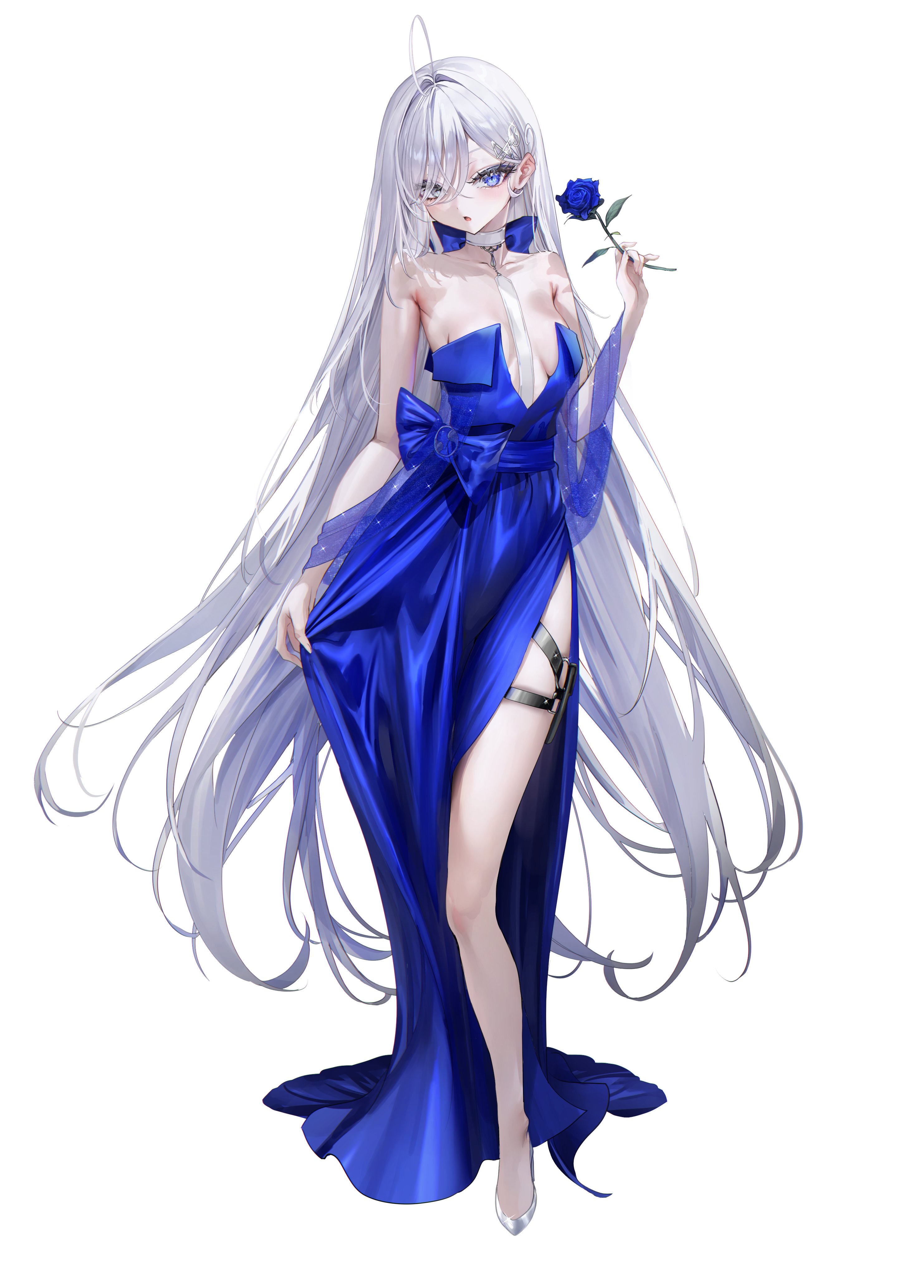 nekometaru, yuuki (shibou yuugi), shibou yuugi de meshi o kuu, absurdres, highres, 1girl, blue eyes, breasts, cleavage, dress, full body, hair ornament, heterochromia, long hair, looking at viewer, small breasts, solo, standing, very long hair, white background, white hair