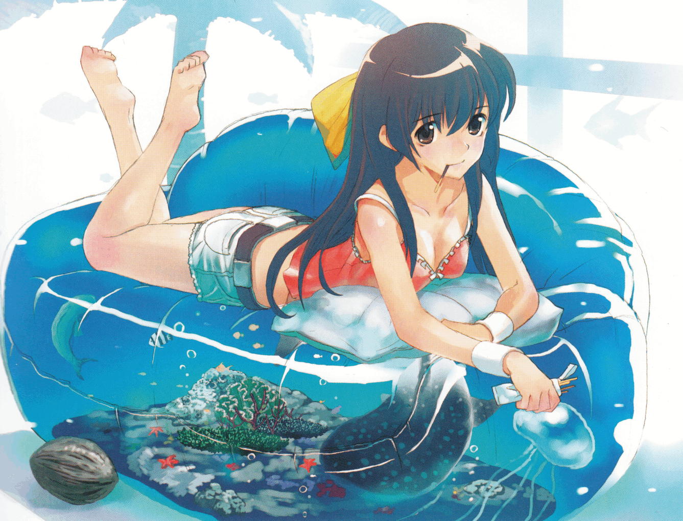 hirokiku, original, barefoot, blue hair, brown eyes, camisole, coconut, denim, denim shorts, feet, fish, food, jellyfish, long hair, lying, mouth hold, on stomach, pocky, shorts, solo, water