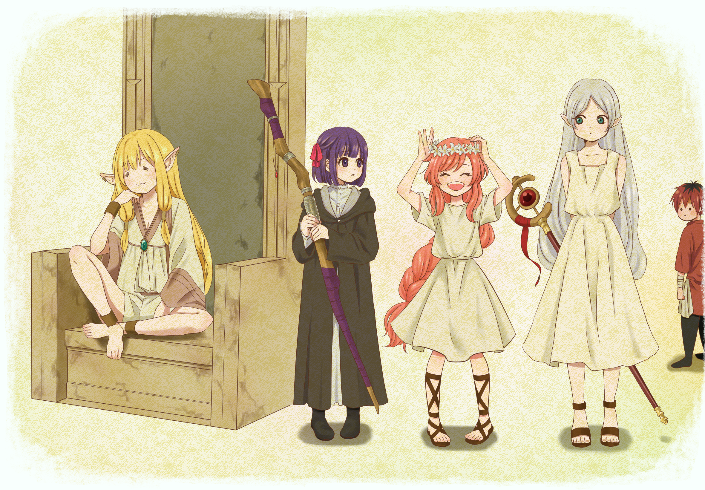 rapi (rapikani0503), fern (sousou no frieren), flamme (sousou no frieren), frieren, serie (sousou no frieren), stark (sousou no frieren), sousou no frieren, commentary request, highres, . ., 1boy, 4girls, :3, = =, ^ ^, ankle strap, arms up, barefoot, black coat, black pants, black shoes, blonde hair, bob cut, border, braid, chair, closed eyes, closed mouth, coat, dot nose, dress, earclip, elbow rest, elf, green dress, green shirt, green shorts, grey hair, hair down, hair ribbon, hair tubes, hand rest, head wreath, holding, holding staff, long hair, long sidelocks, looking at another, looking back, looking to the side, mage staff, multiple girls, no nose, official alternate hairstyle, on chair, open mouth, pants, parted lips, pointy ears, purple hair, red hair, red ribbon, red shirt, ribbon, sandals, shirt, shoes, short hair, short sleeves, shorts, sidelocks, sideways glance, single braid, sitting, smile, staff, standing, straight hair, time paradox, turning head, very long hair, very short hair, white border, white dress, wide sleeves