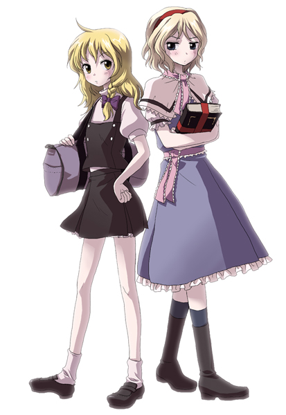 kinutani soushi, alice margatroid, kirisame marisa, touhou, bad id, bad pixiv id, 2girls, blonde hair, blue eyes, book, braid, female focus, hairband, multiple girls, short hair, yellow eyes