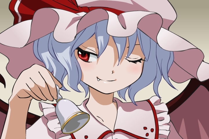kinutani soushi, remilia scarlet, touhou, bad id, bad pixiv id, 1girl, bat wings, bell, blue hair, close-up, fang, female focus, hat, one eye closed, portrait, red eyes, short hair, solo, wings, wink