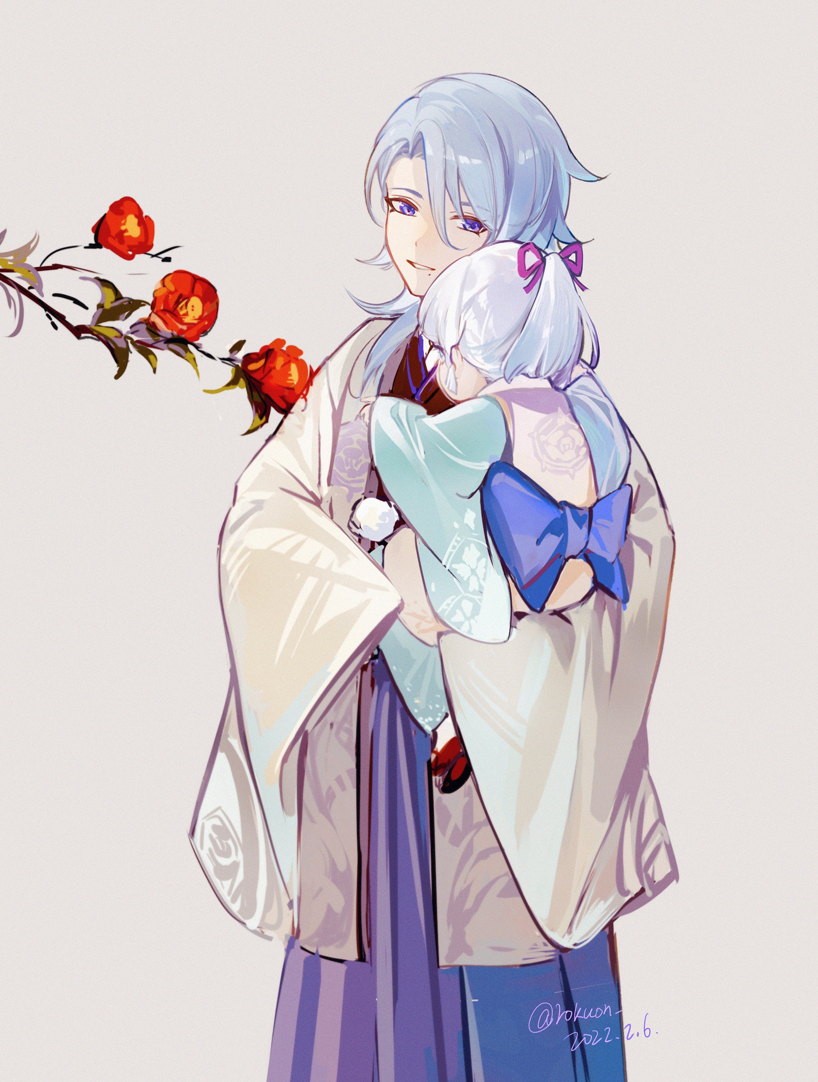 rokuon, ayaka (genshin impact), kamisato ayato, genshin impact, commentary, highres, 1boy, 1girl, aged down, asymmetrical hair, back bow, black kimono, blue bow, blue eyes, blue hair, blue hakama, blue kimono, blunt ends, blunt tresses, bow, branch, brother and sister, brown background, camellia, carrying, carrying person, child carry, curtained hair, dated, flower, hair between eyes, hair over shoulder, hair ribbon, hakama, haori, high ponytail, japanese clothes, kamisato clan (emblem), kimono, leaf, long sleeves, looking at another, looking at object, medium hair, mole, mole under mouth, parted bangs, parted lips, ponytail, purple eyes, purple ribbon, red flower, ribbon, siblings, simple background, sleeves past fingers, sleeves past wrists, smile, standing, twitter username, white hair, white haori, wide sleeves