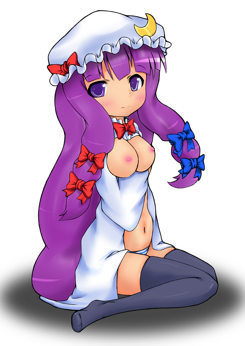 kosmosshuffle, patchouli knowledge, touhou, bad id, bad pixiv id, 1girl, black thighhighs, breasts, female focus, gradient background, hat, long hair, medium breasts, nipples, panties, purple eyes, purple hair, solo, striped clothes, striped panties, thighhighs, underwear