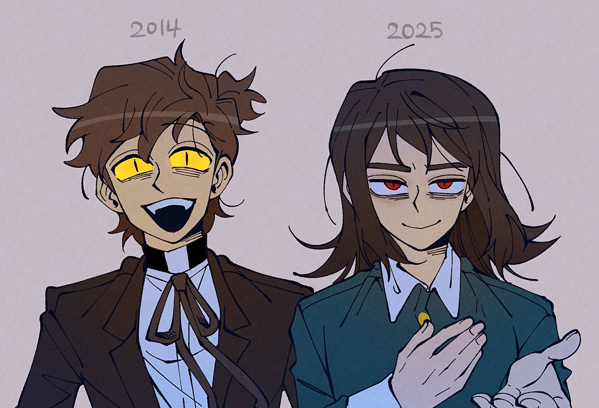 insidej043, abaddon (haunted hotel), abaddon (human) (haunted hotel), bipper, dipper pines, gravity falls, haunted hotel, commentary request, highres, korean commentary, blue coat, brown coat, coat, colored sclera, dated, hand on own chest, possessed, slit pupils, yellow sclera