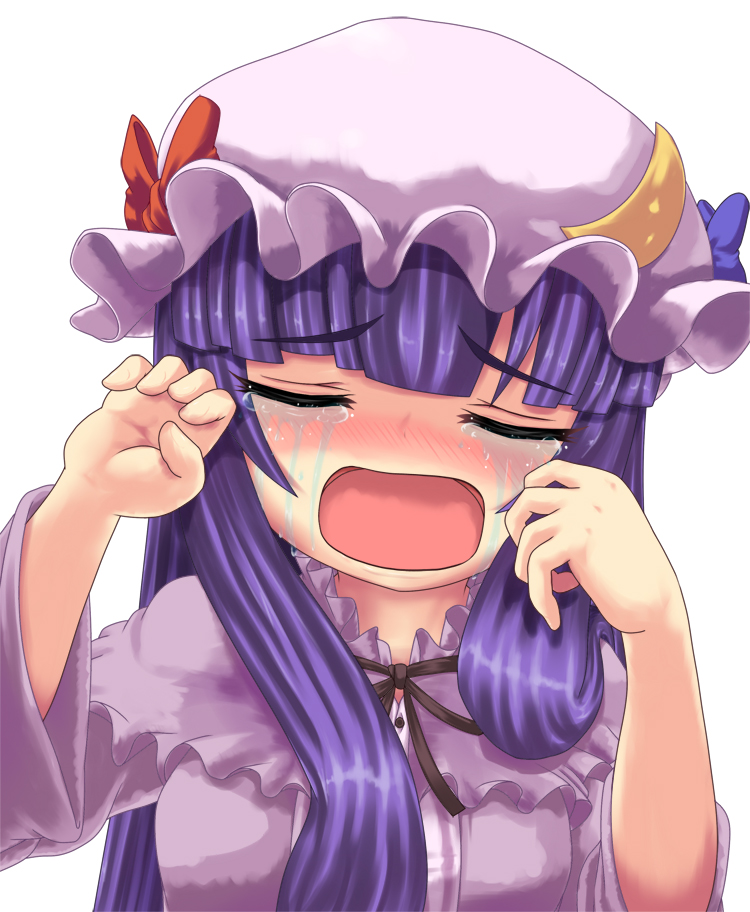 kosmosshuffle, patchouli knowledge, touhou, bad id, bad pixiv id, 1girl, blush, closed eyes, crying, female focus, hat, long hair, open mouth, purple hair, sad, simple background, solo, tears