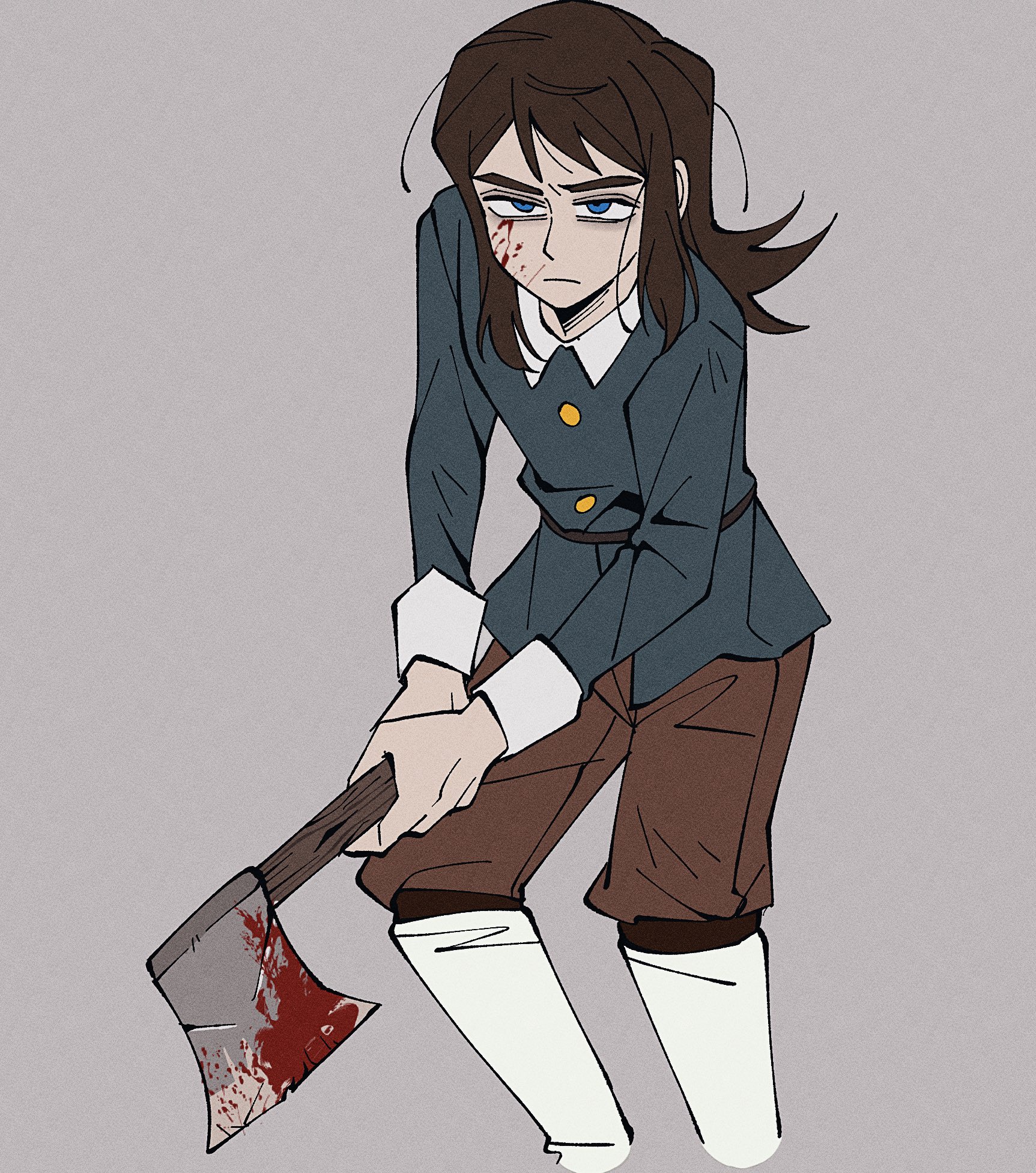insidej043, abaddon (haunted hotel), abaddon (human) (haunted hotel), haunted hotel, highres, 1boy, axe, blood, bloody weapon, blue coat, blue eyes, brown hair, coat, cropped legs, grey background, holding, holding axe, long hair, looking at viewer, male focus, simple background, solo, standing, weapon