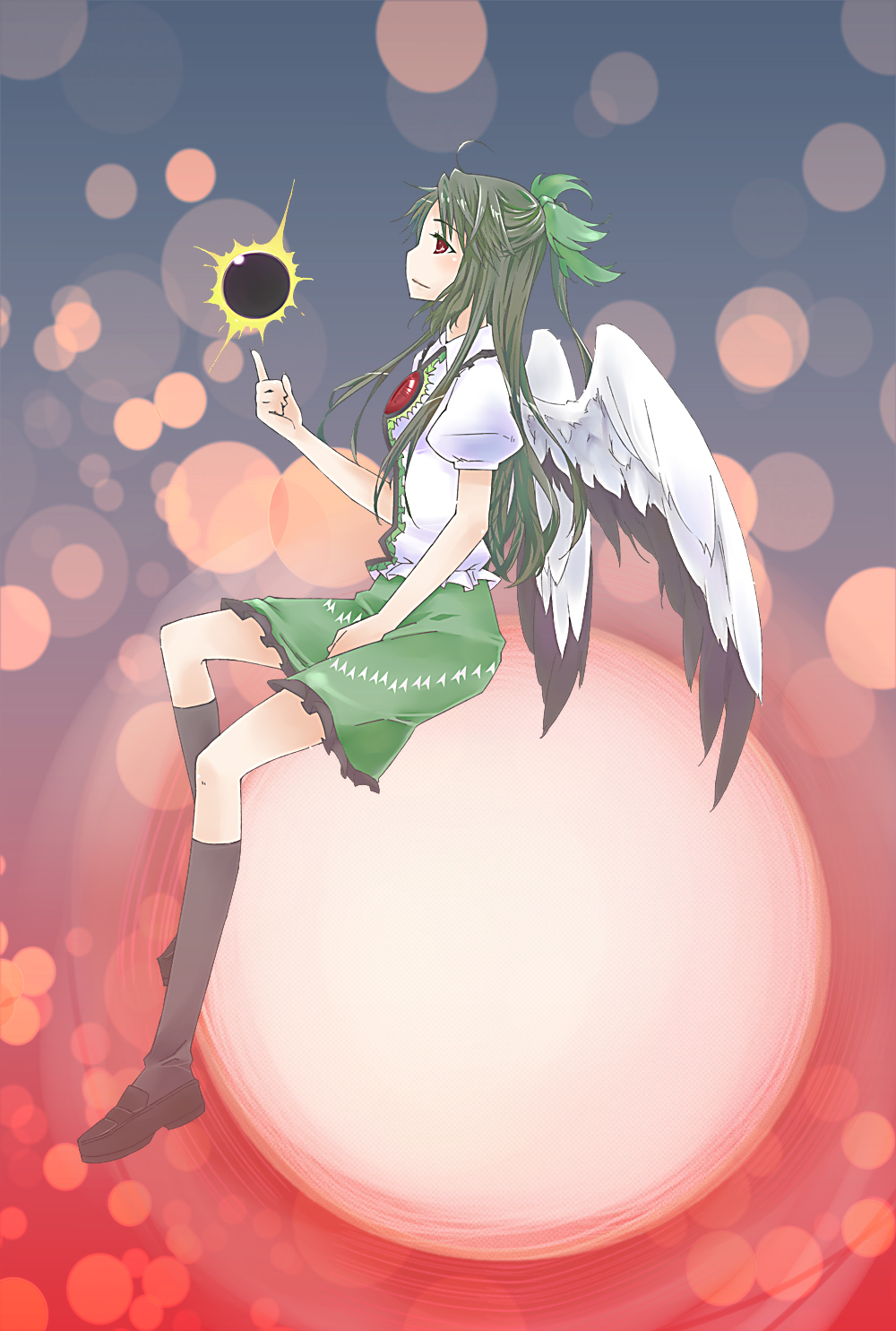 akatsuki (pixiv), reiuji utsuho, touhou, bad id, bad pixiv id, highres, inactive account, 1girl, black hair, female focus, gradient background, long hair, skirt, solo, wings