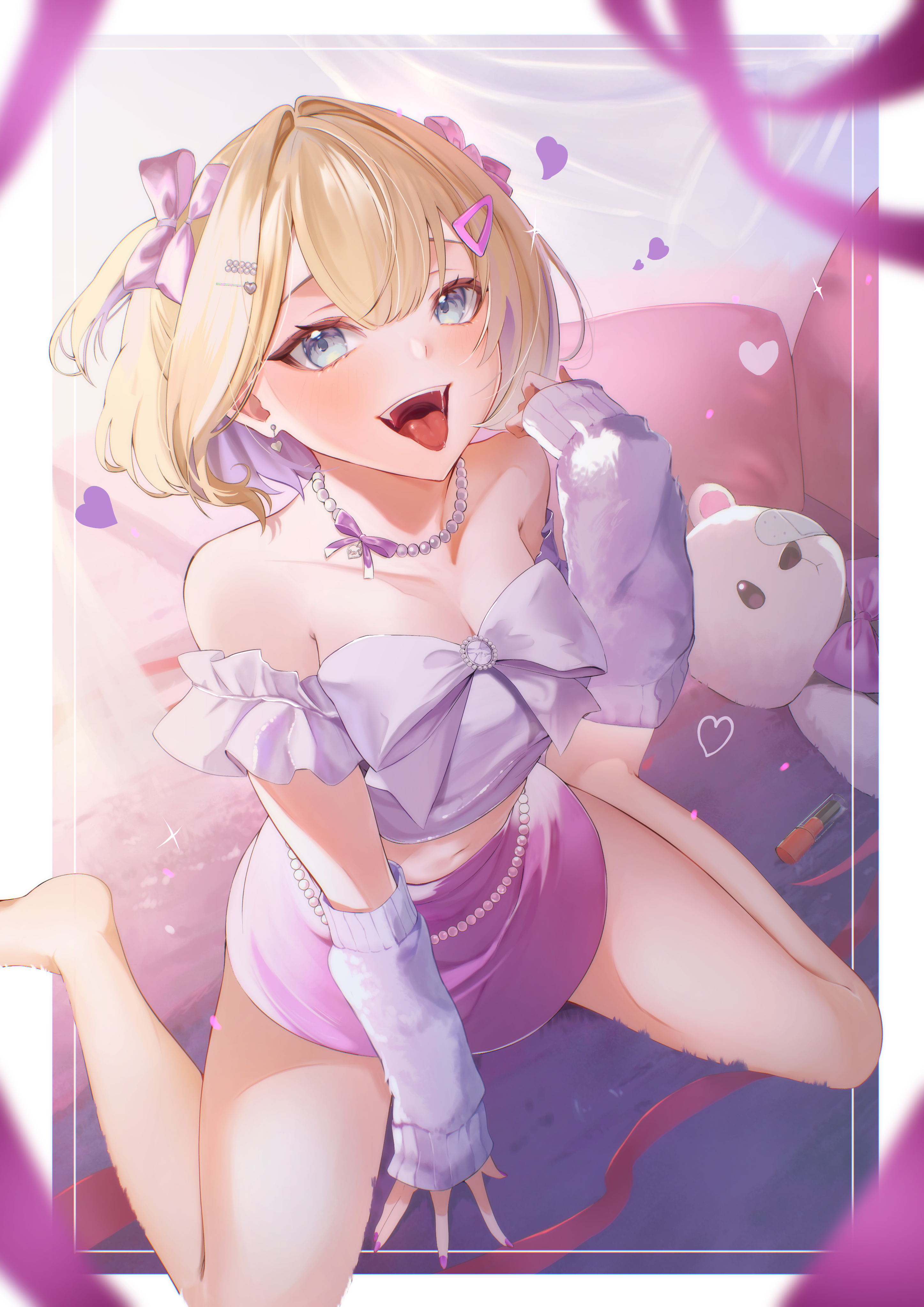 takanashi art, kurumi noah, vspo!, absurdres, commentary, highres, 1girl, bandaid on eye, blonde hair, blurry, blurry foreground, blush, border, breasts, cleavage, collarbone, colored inner hair, cosmetics, detached sleeves, earrings, fangs, fingernails, green eyes, hair intakes, hair ornament, hair ribbon, hairclip, heart, heart earrings, heart hair ornament, jewelry, lipstick tube, long sleeves, looking at viewer, medium hair, midriff, multicolored hair, nail polish, navel, necklace, open mouth, pearl necklace, pink hair, pink nails, pink ribbon, pink skirt, purple shirt, purple sleeves, ribbon, saliva, shirt, sitting, skirt, sleeves past wrists, smile, solo, stomach, stuffed animal, stuffed toy, teddy bear, teeth, thighs, tongue, tongue out, two-tone hair, two side up, upper teeth only, virtual youtuber, wariza, white border